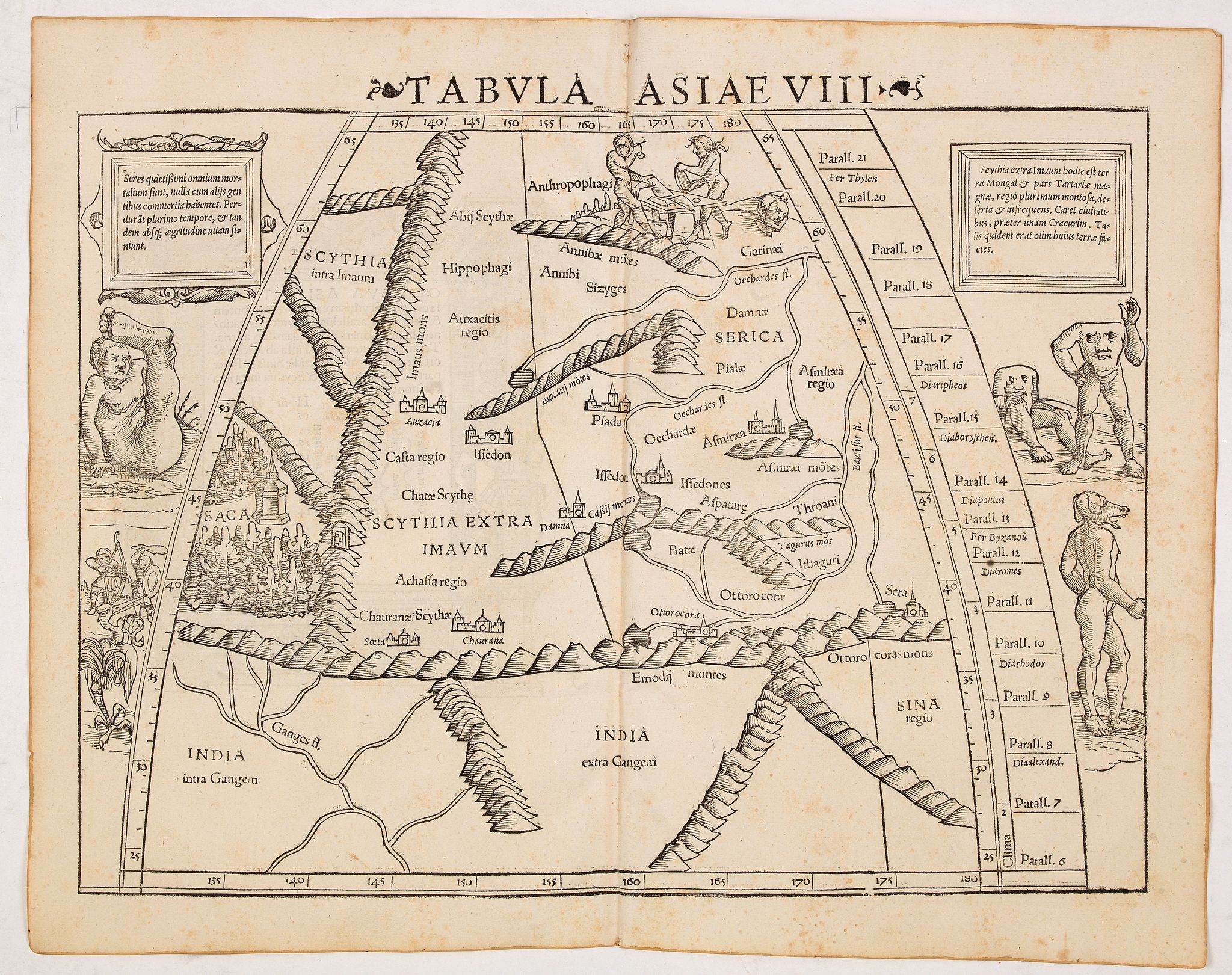 MÜNSTER, S., Tabula Asiae VIII (India & Central Asia with Monsters and Anthropomorphs), antique map, old maps