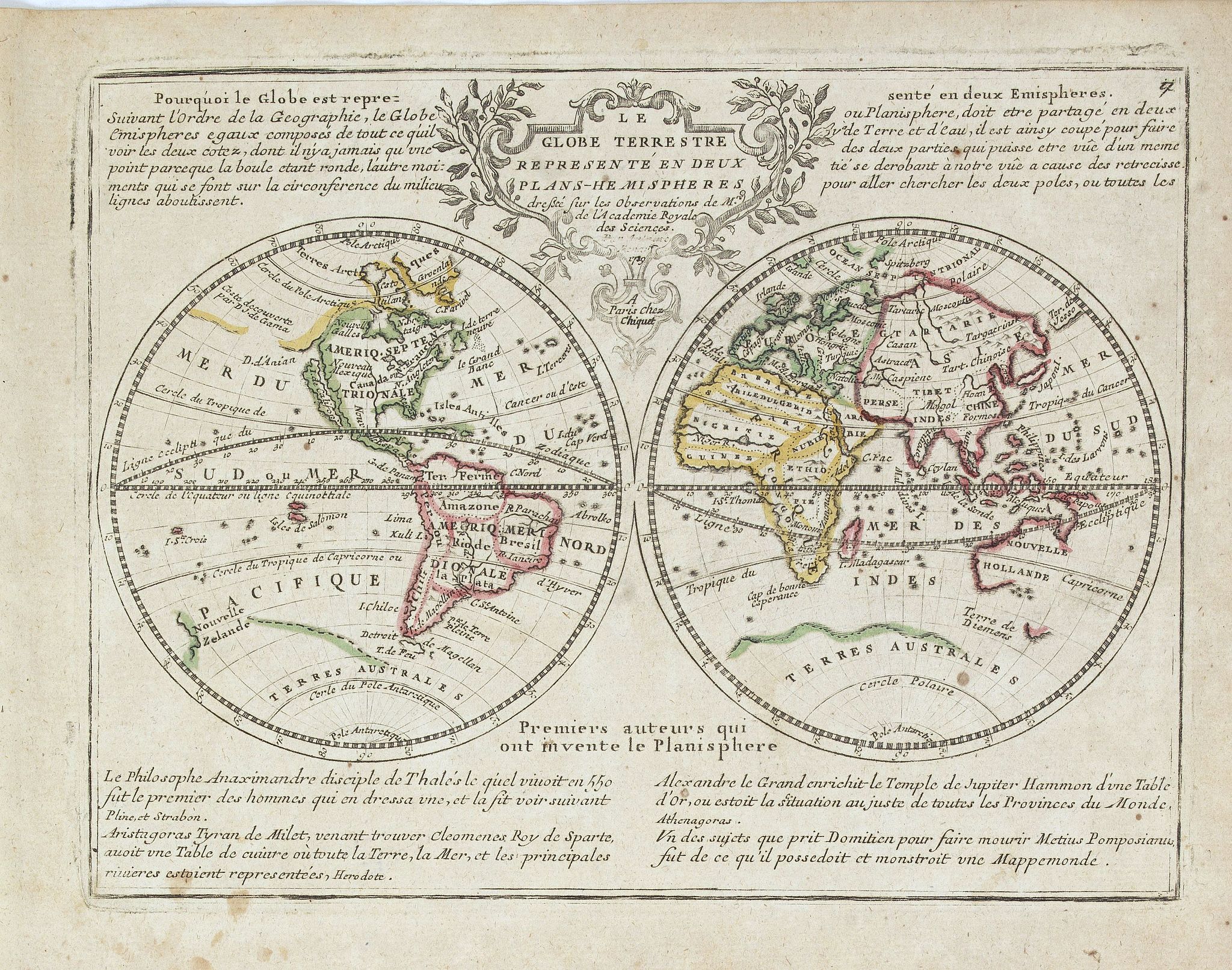 CHIQUET, J., Le Globe Terrestre Representé en Deux Plans-Hemispheres.., antique map, old maps