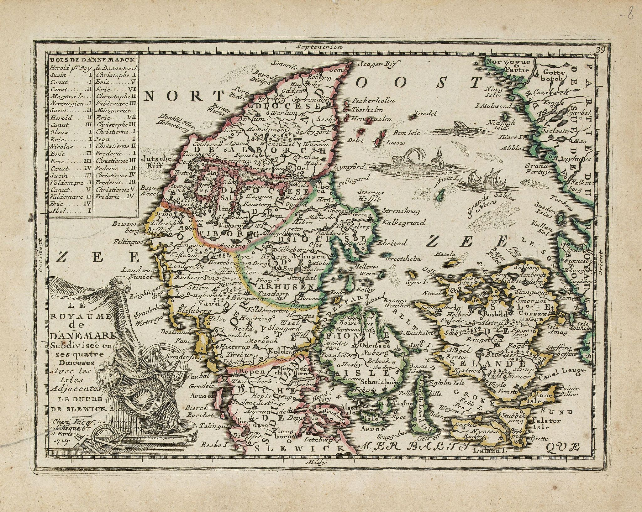 CHIQUET, J., Le Royaume de Danemark Subdivisée en ses quatre Dioceses.., antique map, old maps