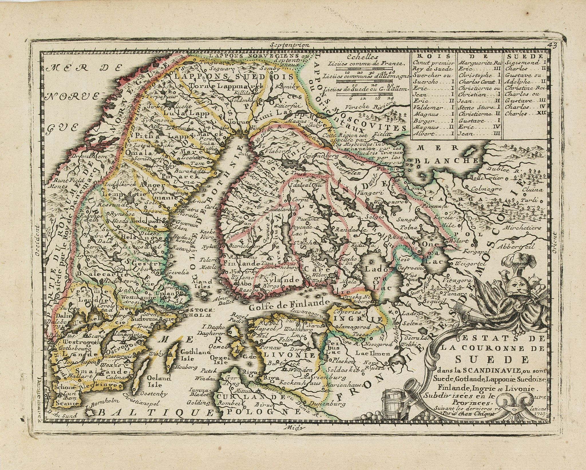 CHIQUET, J., Estats de la Couronne de Suede dans la Scandinavie, ou sont Suede, Gotlande, Lapponie Suedoise, Finlande, Ingrie et Livonie. Subdivisees en leurs Provinces.., antique map, old maps