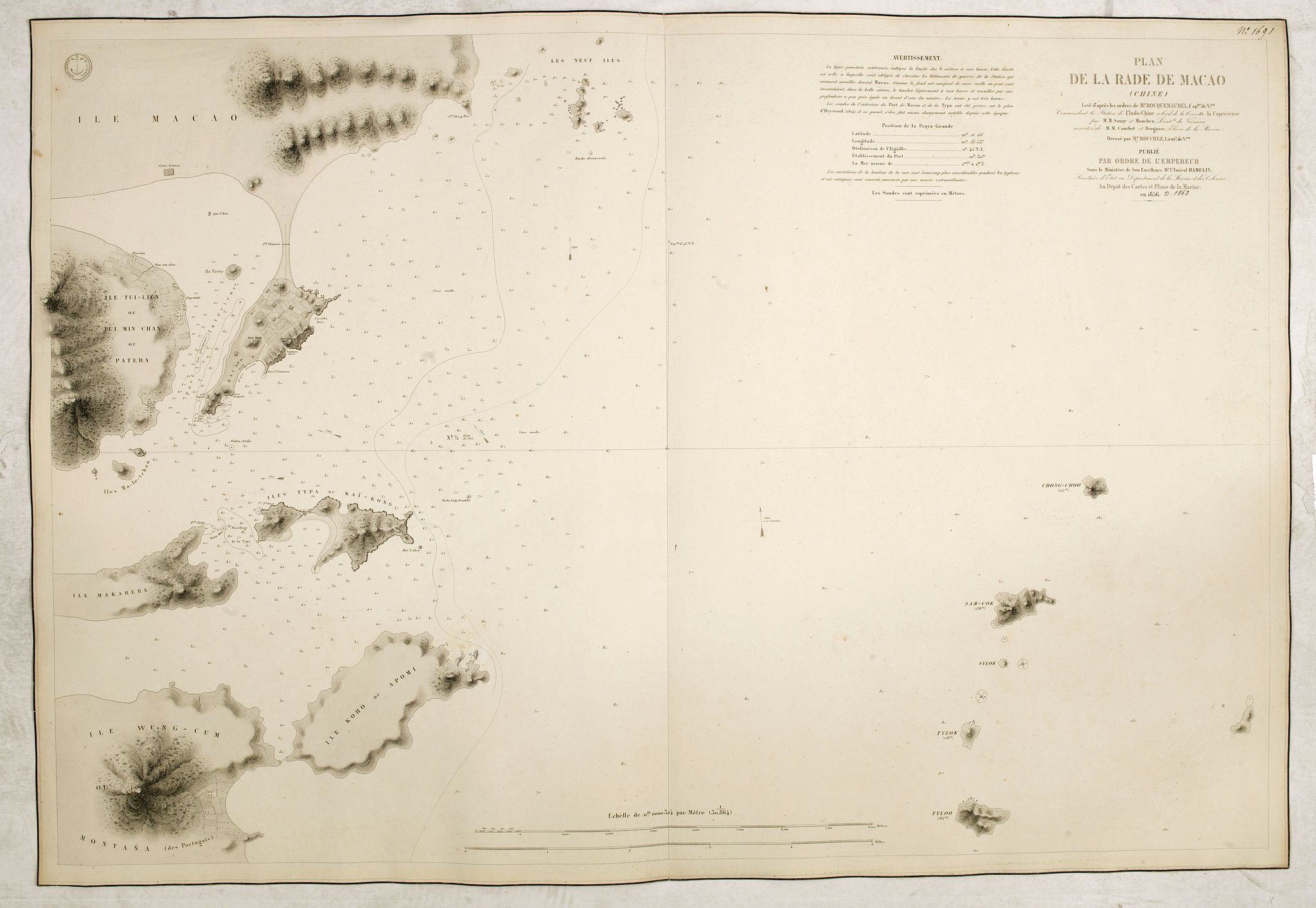 DEPOT GENERAL DE LA MARINE, Plan de la rade de Macao (chine) Levé d'après les ordres mr. Rocquemaurel., antique map, old maps