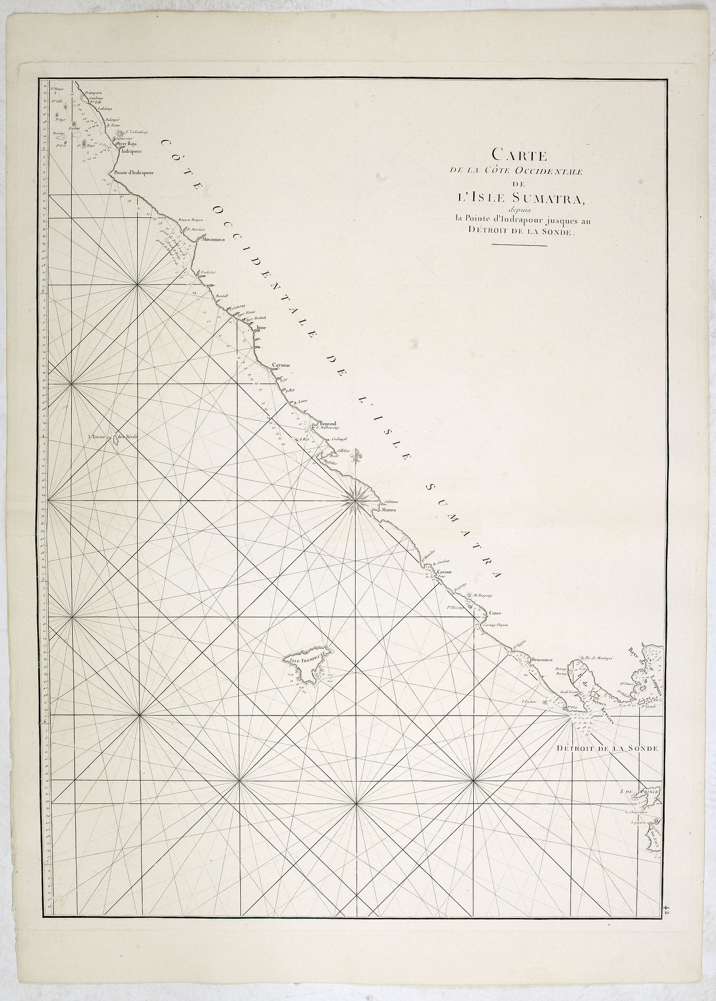 D'APRES DE MANNEVILLETTE., Carte de la côte occidentale de l\'isle Sumatra depuis la ligne équinoctiale jusqu\'au détroit de la Sonde, antique map, old maps