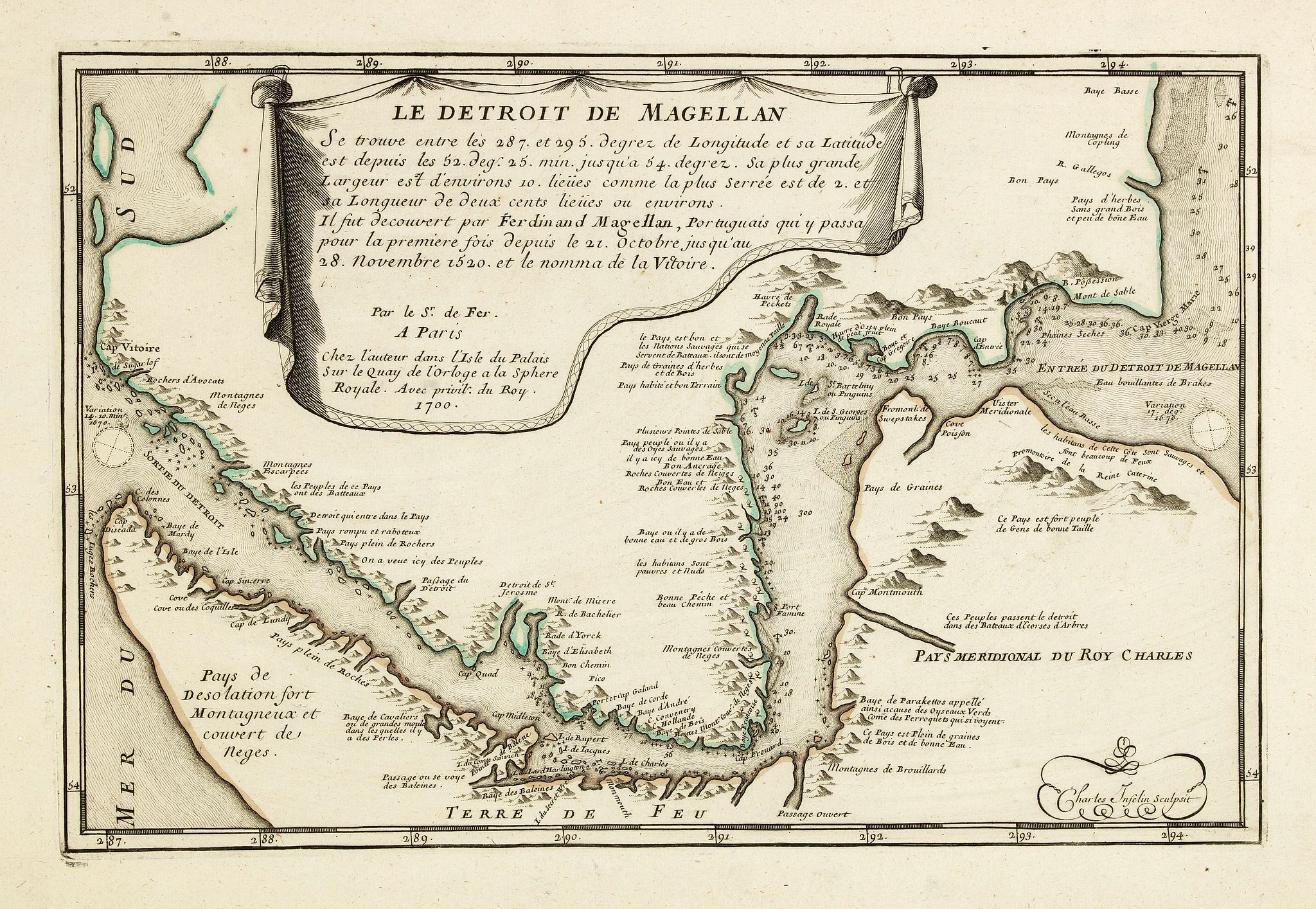 DE FER, N., Le Detroit De Magellan . . . Se trouve . . . Il fut decouvert par Ferdinand . . ., antique map, old maps