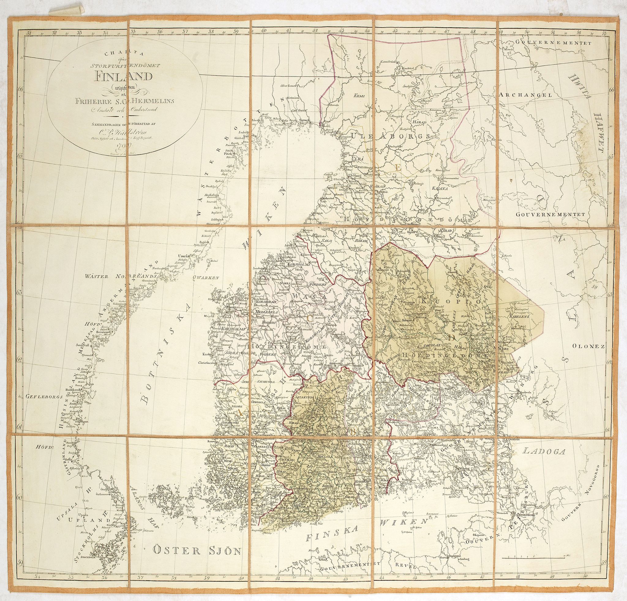 HERMELIN, SAMUEL GUSTAV, Charta öfver Storfurstendömet Finland på Friherre S. G. Hermelins Anstalt och Omkostnad. Sammandragen och författad af C. P. Hällström. Philos. Magister och Auscultant i Kongl. BergsColl. 1799., antique map, old maps