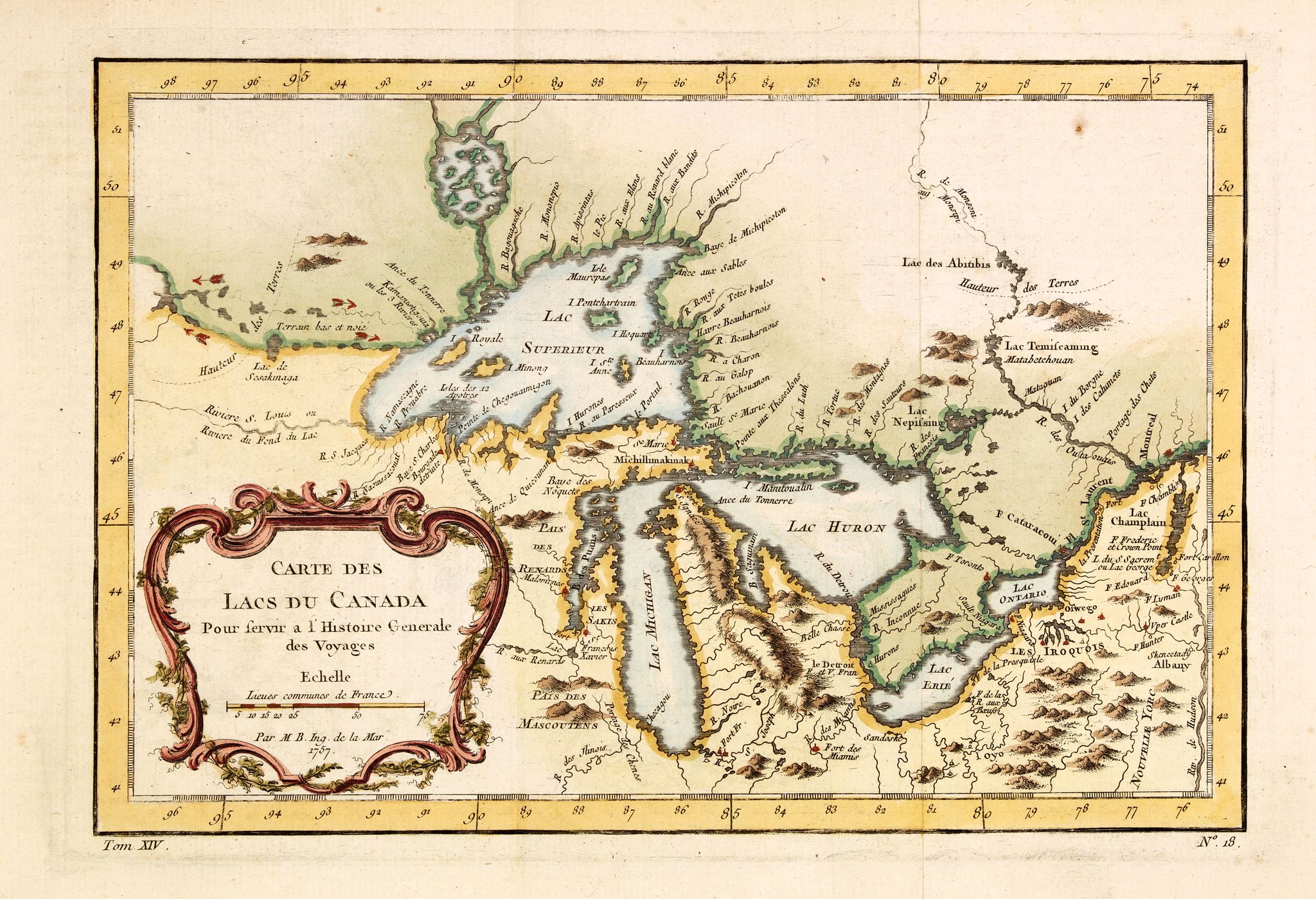 BELLIN, J.N., Carte Des Lacs Du Canada Pour sevir a l'Histoire Generale des Voyages., antique map, old maps