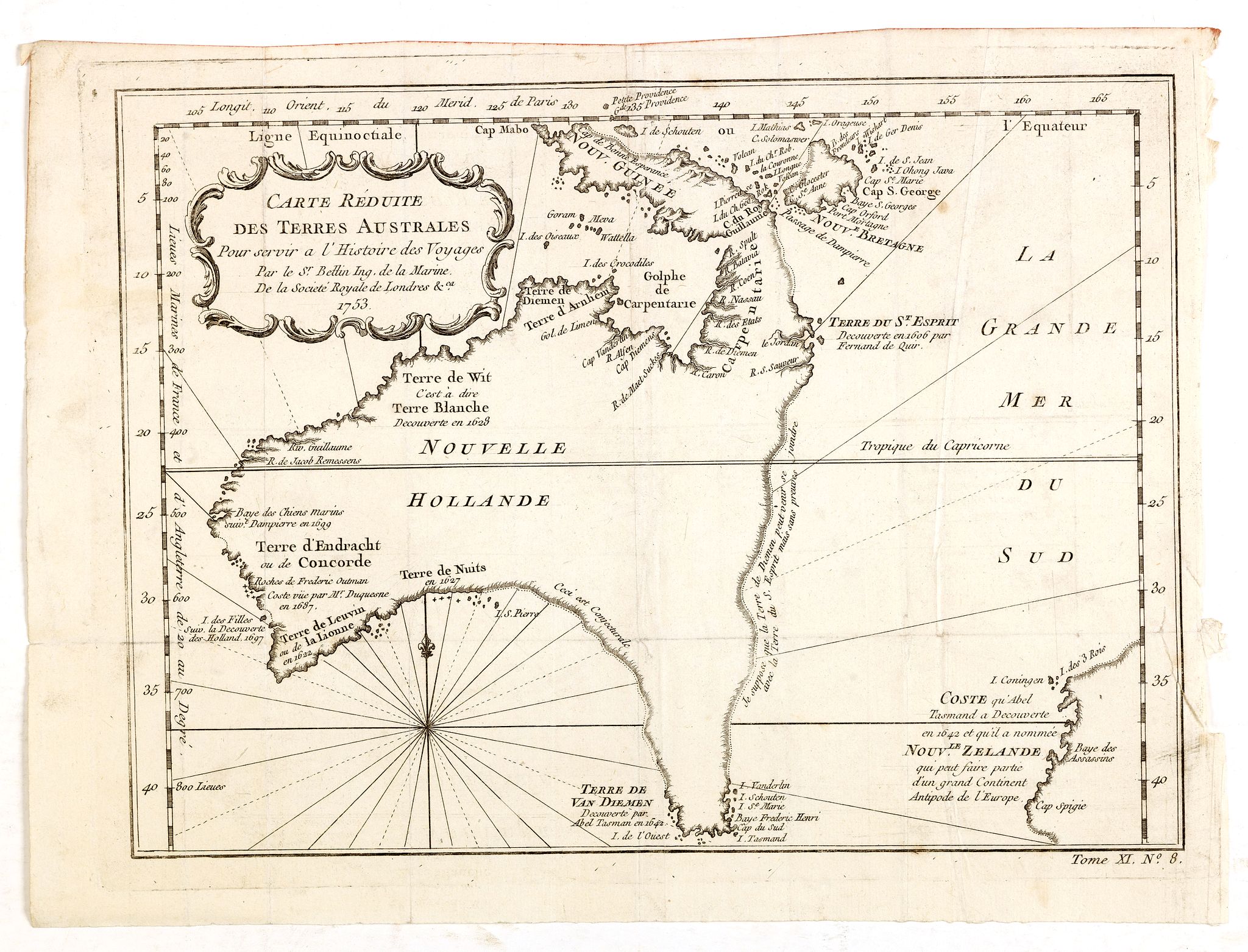 BELLIN, J.N., Carte réduite des Terres Australes : pour servir a l'Histoire des voyages. . . 1753., antique map, old maps