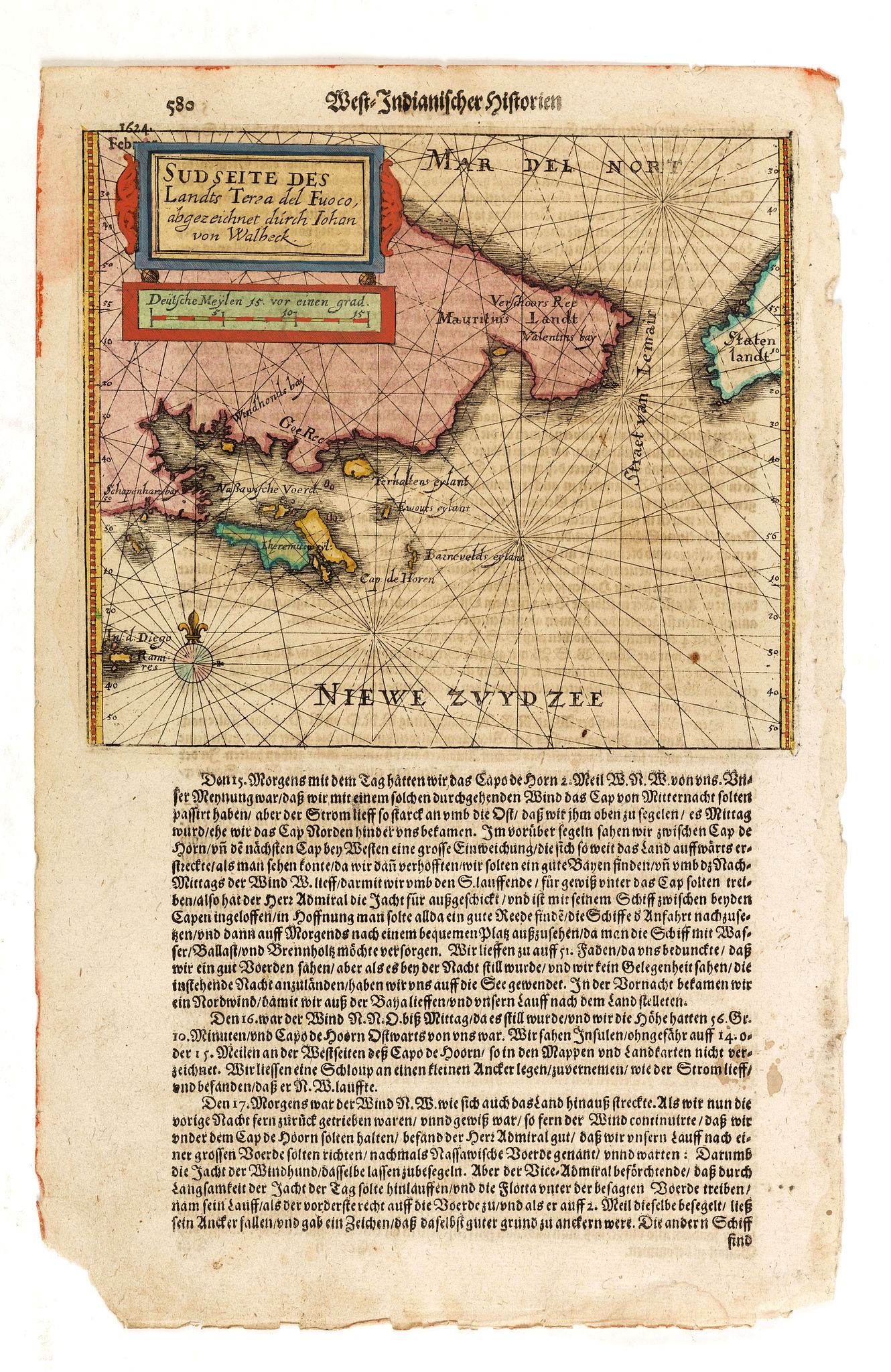 DE BRY, Th., Sudseite des Landts Terza del Fuoco, abgezeichnet durch Iohan von Walbeck., antique map, old maps