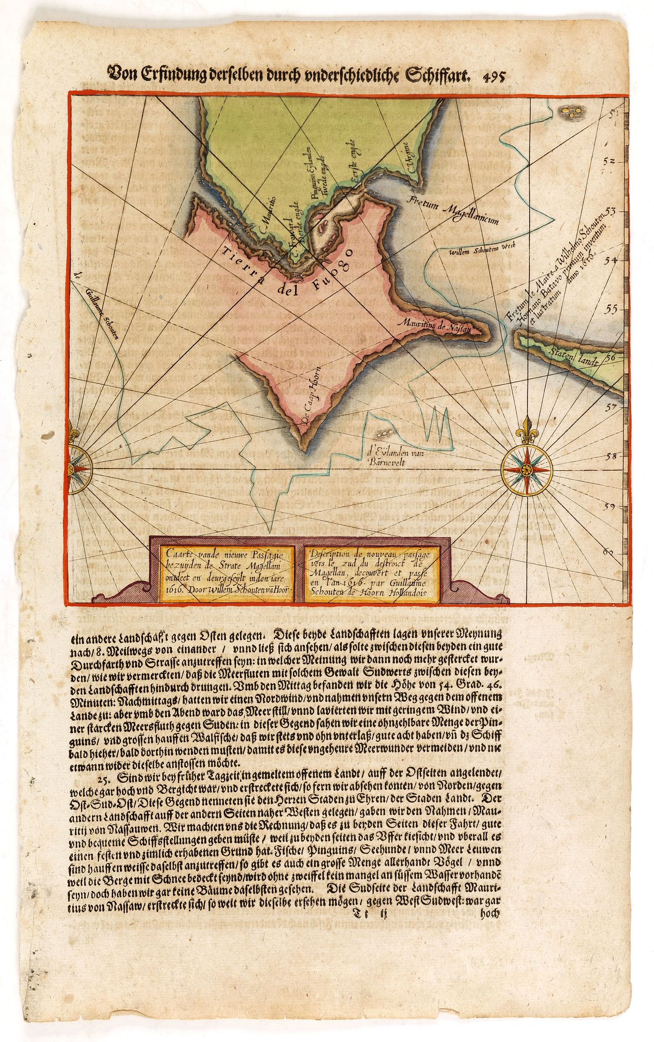 DE BRY, T., Caarte vande nieuwe Passagie bezuijden de Strate Magellan. . . / Description de nouveau passage vers le zud du destroit de Maggellan. . ., antique map, old maps