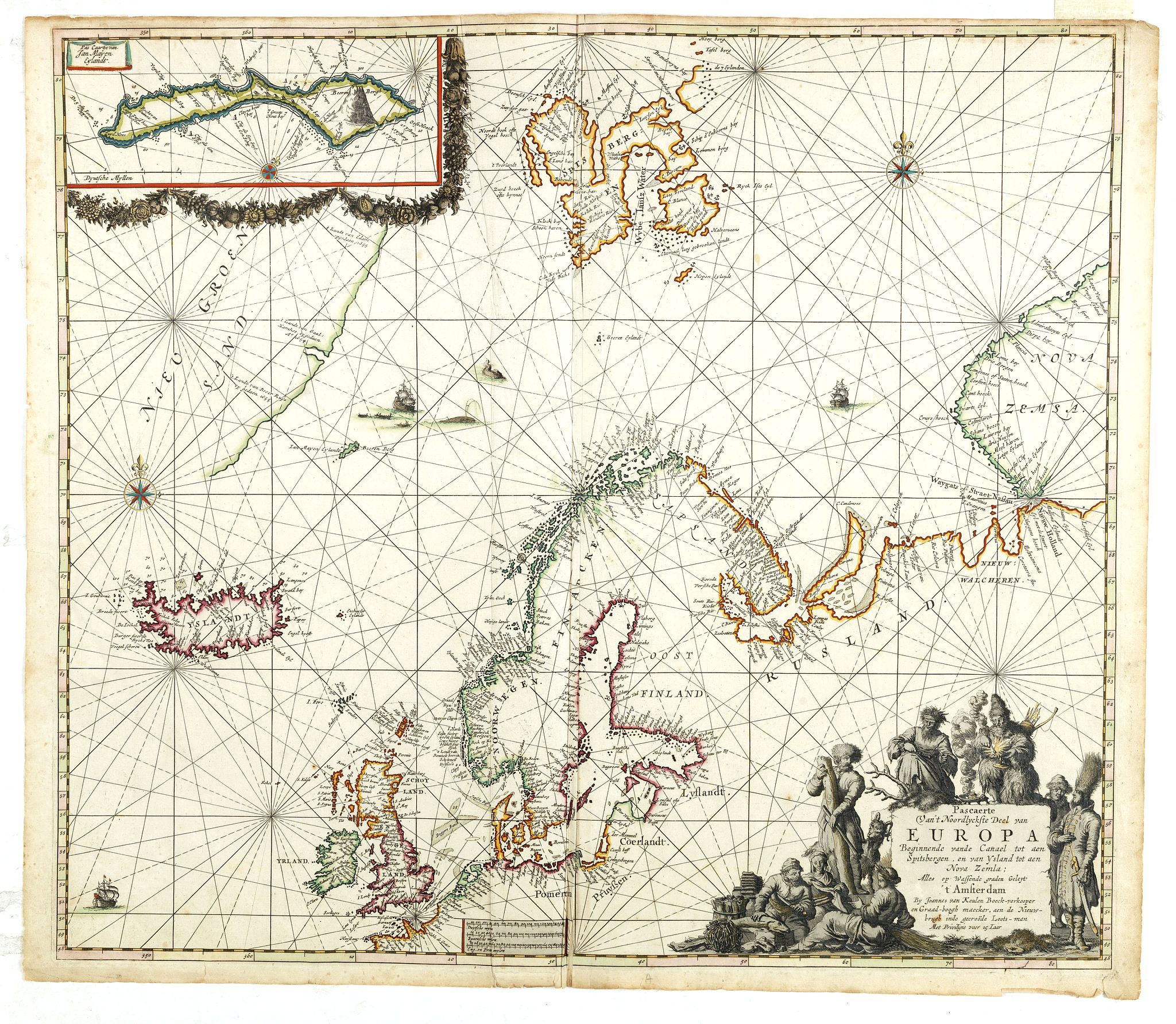 VAN KEULEN, J., Pascarte van Europa Beginnende vande Canael tot aen Spitbergen, en van Ysland tot aen Nova Zemla . . ., antique map, old maps