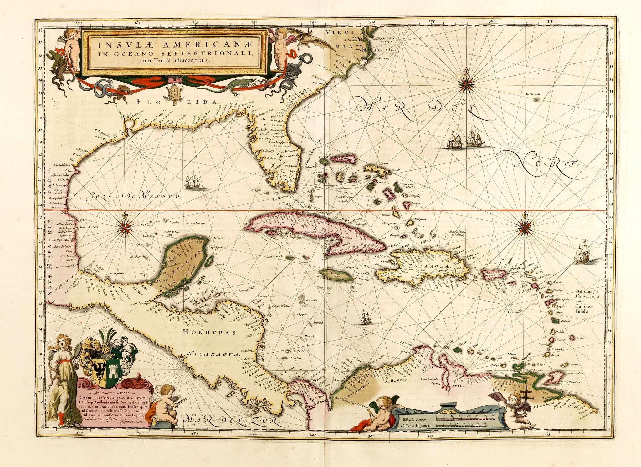 BLAEU, W., Insulae Americanae in Oceanus Septentrionali cum Terris.., antique map, old maps