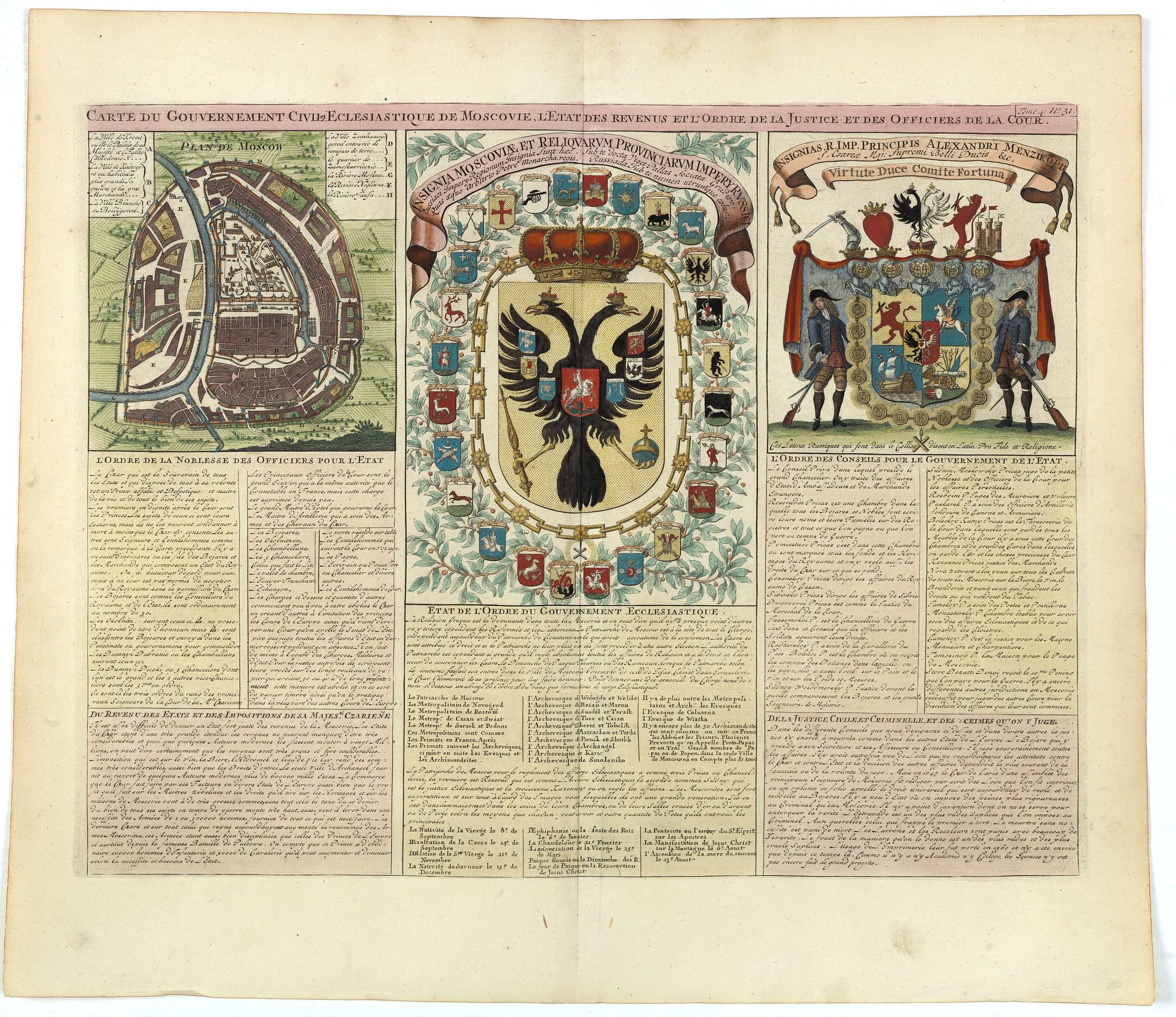 CHATELAIN, H., Carte du gouvernement civil ecclésiastique de moscovie, l'état des revenus et l'ordre de la justice et des officiers de la cour., antique map, old maps