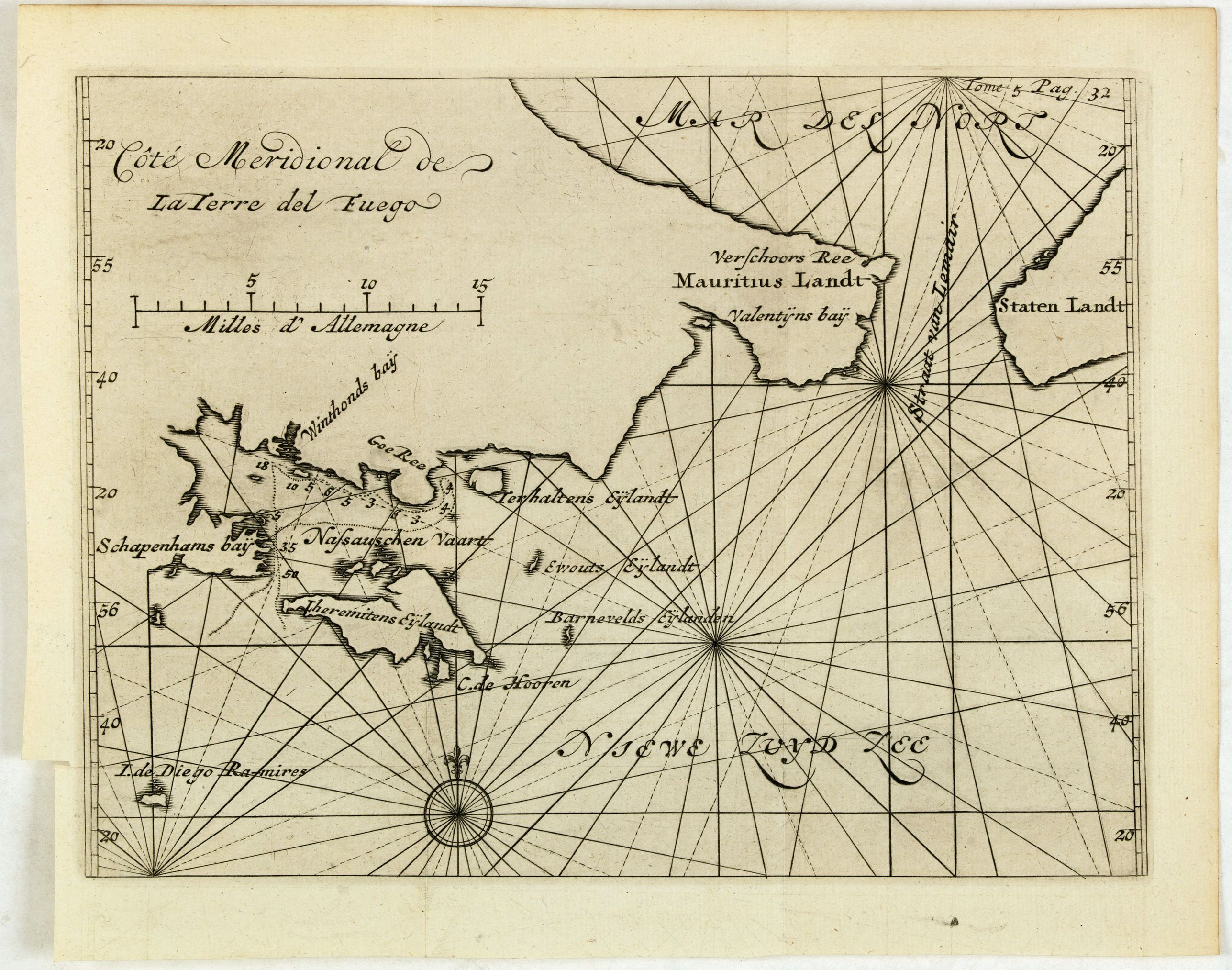 DE RENNEVILLE, R.A.C., Côté méridional de la Terre Del Fuego., antique map, old maps