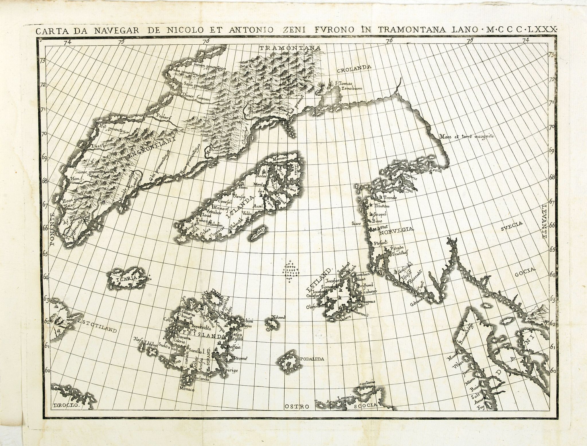 ZURLA, P., Carta da navegar de Nicolo et Antonio Zeni Furono in Tramontana Lano MCCCLXXX., antique map, old maps