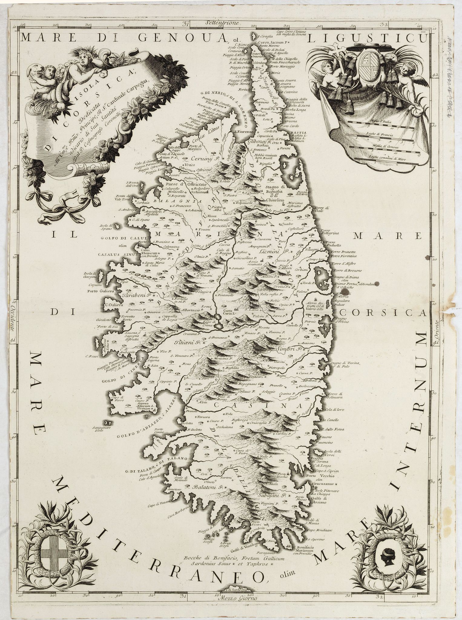 CORONELLI, V., Isola di Corsica, Dedicata all' Em;mo e Rmo: Principe, il Sr. Cardinale Carpegna, Vicario di Sua Santita. Dal Cosmografo Coronelli., antique map, old maps