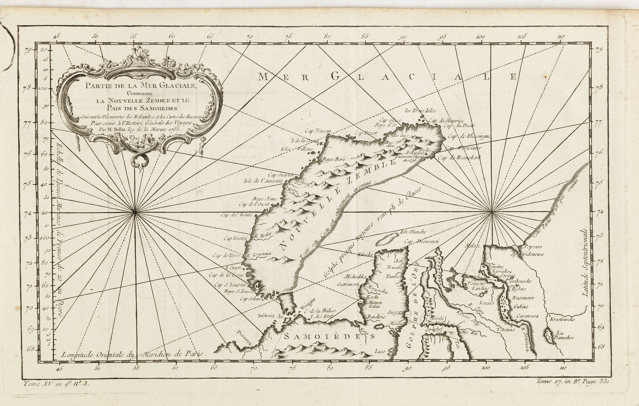 BELLIN, J.N., Partie De La Mer Glaciale Contenant La Nouvelle Zemble et Le Pais Des Samoiedes . . . 1758, antique map, old maps