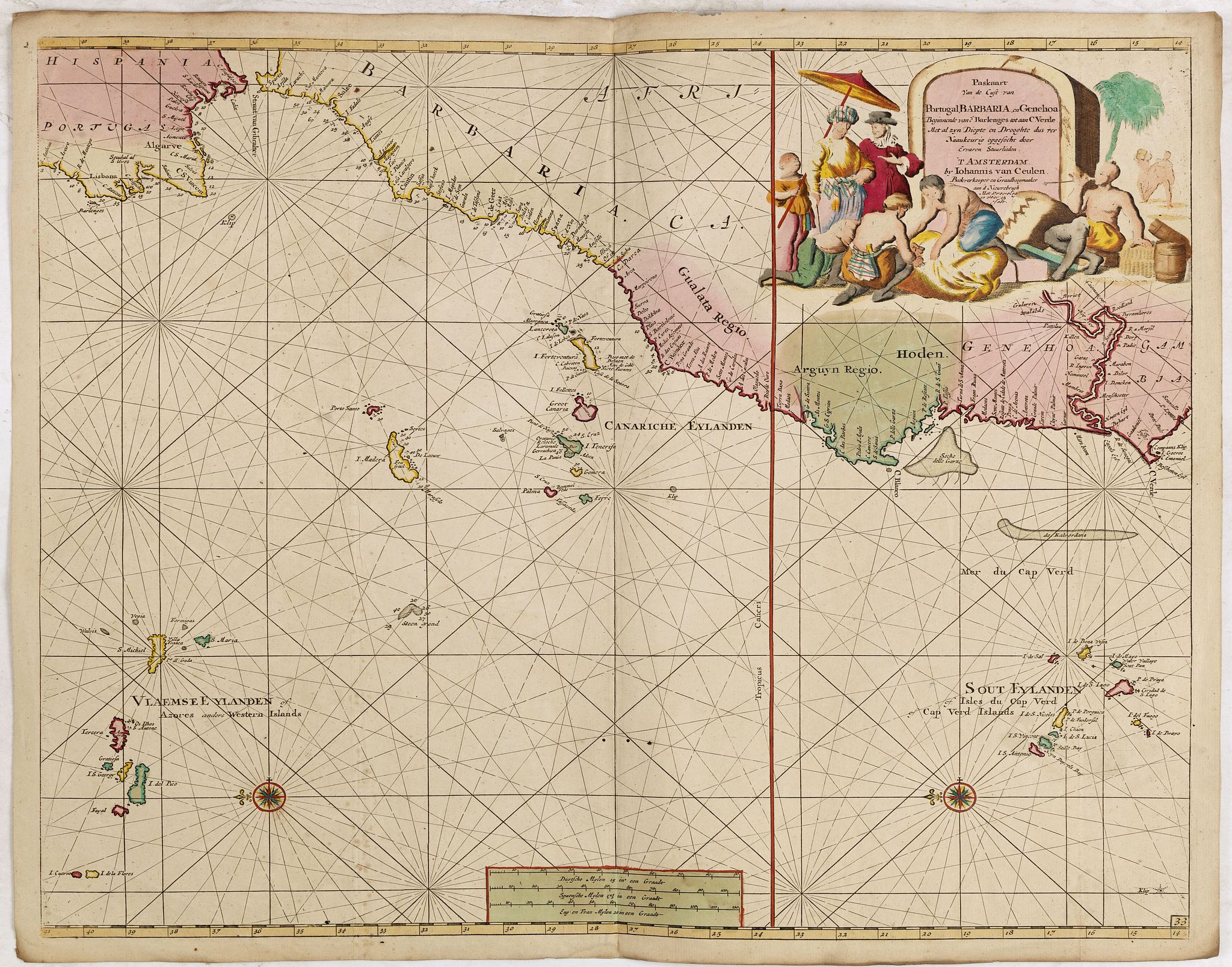 VAN KEULEN, G., Paskaart van de Cust van Portugal, Barbaria, en Genehoa. Beginnende van d' Barlenges tot aan C. Verde. Met al zyn Diepte en Drooghte dus ver Naaukeurig opgesocht door Ervaren Stuurlieden., antique map, old maps