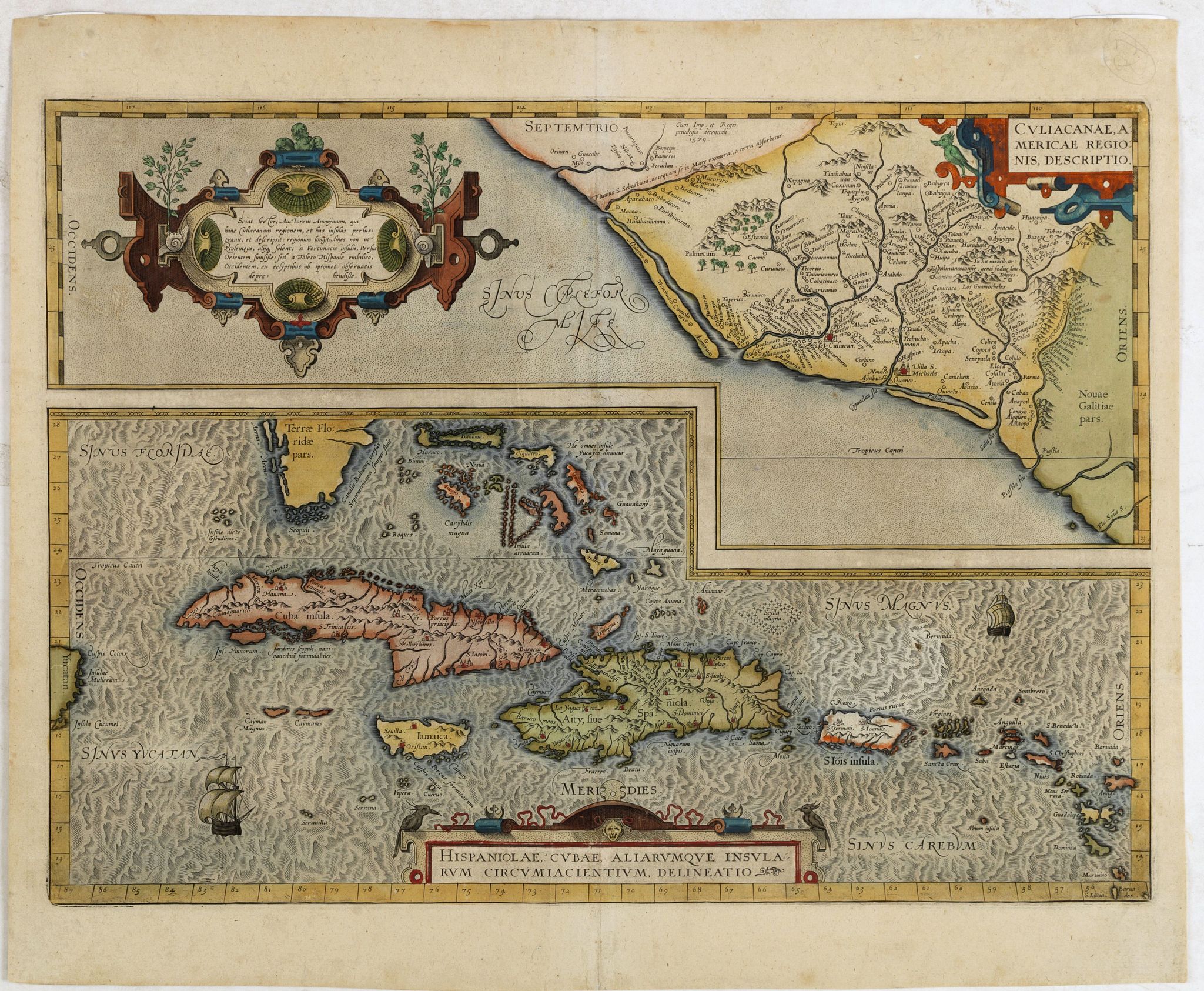 ORTELIUS, A., Culiacanae Americae regionis.. / Hispaniolae, Cubae. . ., antique map, old maps