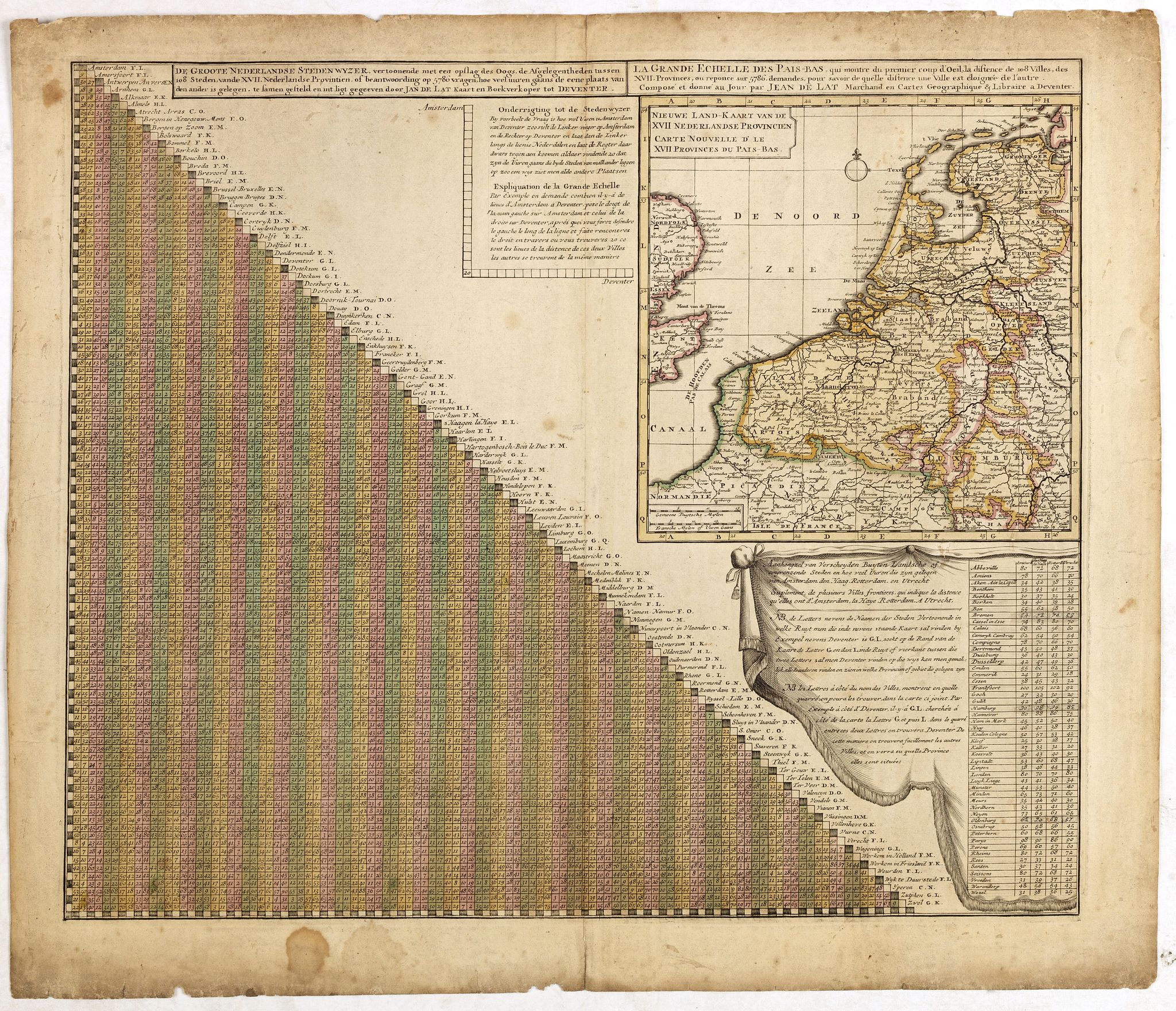 DE LAT, J., De Groote Nederlandse Stedenwyzer, vertoonende met een opslag des Oogs, de Afgelegentheden tussen 108 Steden, van de XVII. Nederlandse Provintien. . ., antique map, old maps