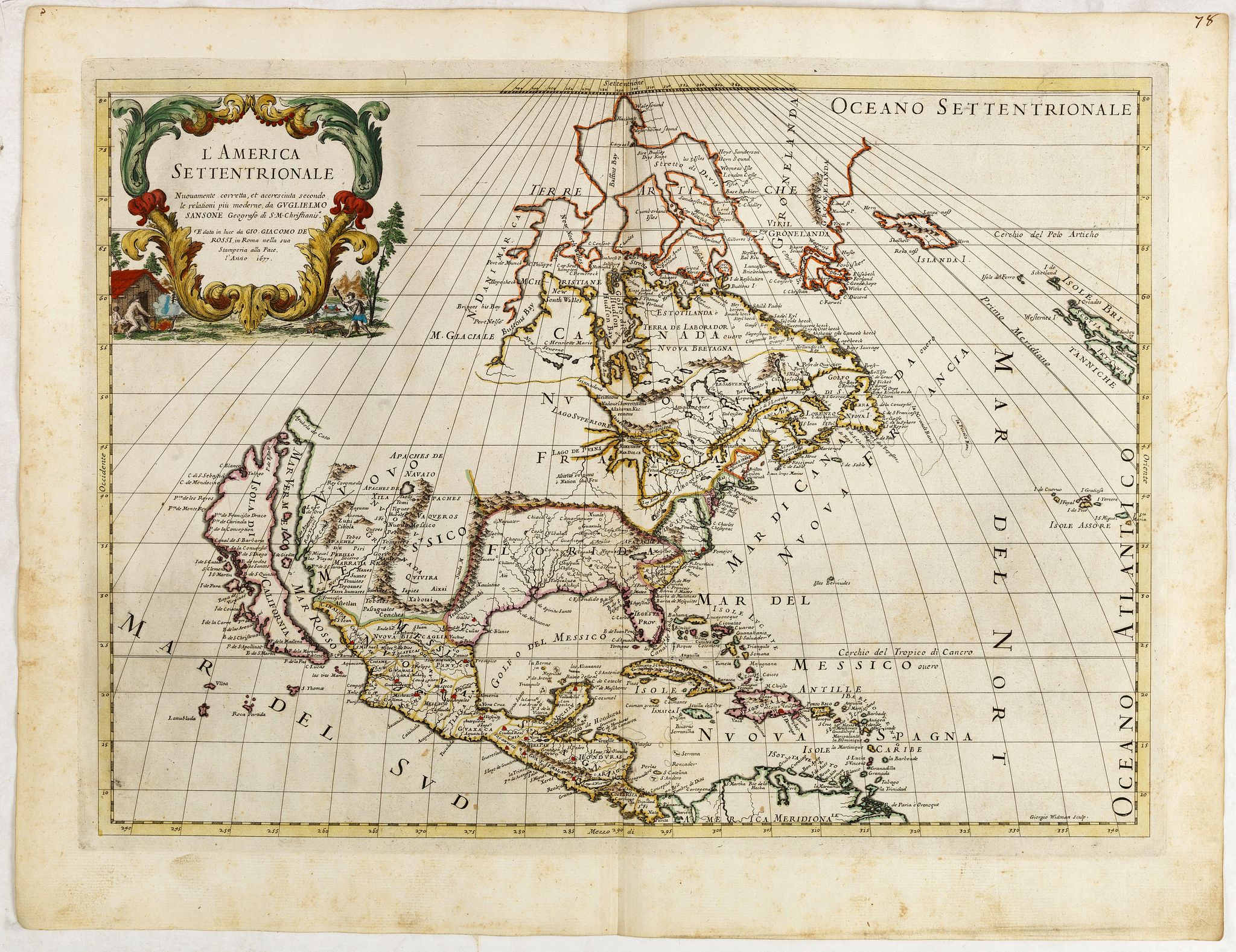 DE ROSSI, G., L' America Settentrionale. Nuouamente corretta, et accresciuta secondo le relationi piu moderne, da GVGLIELMO SANSONE. . ., antique map, old maps
