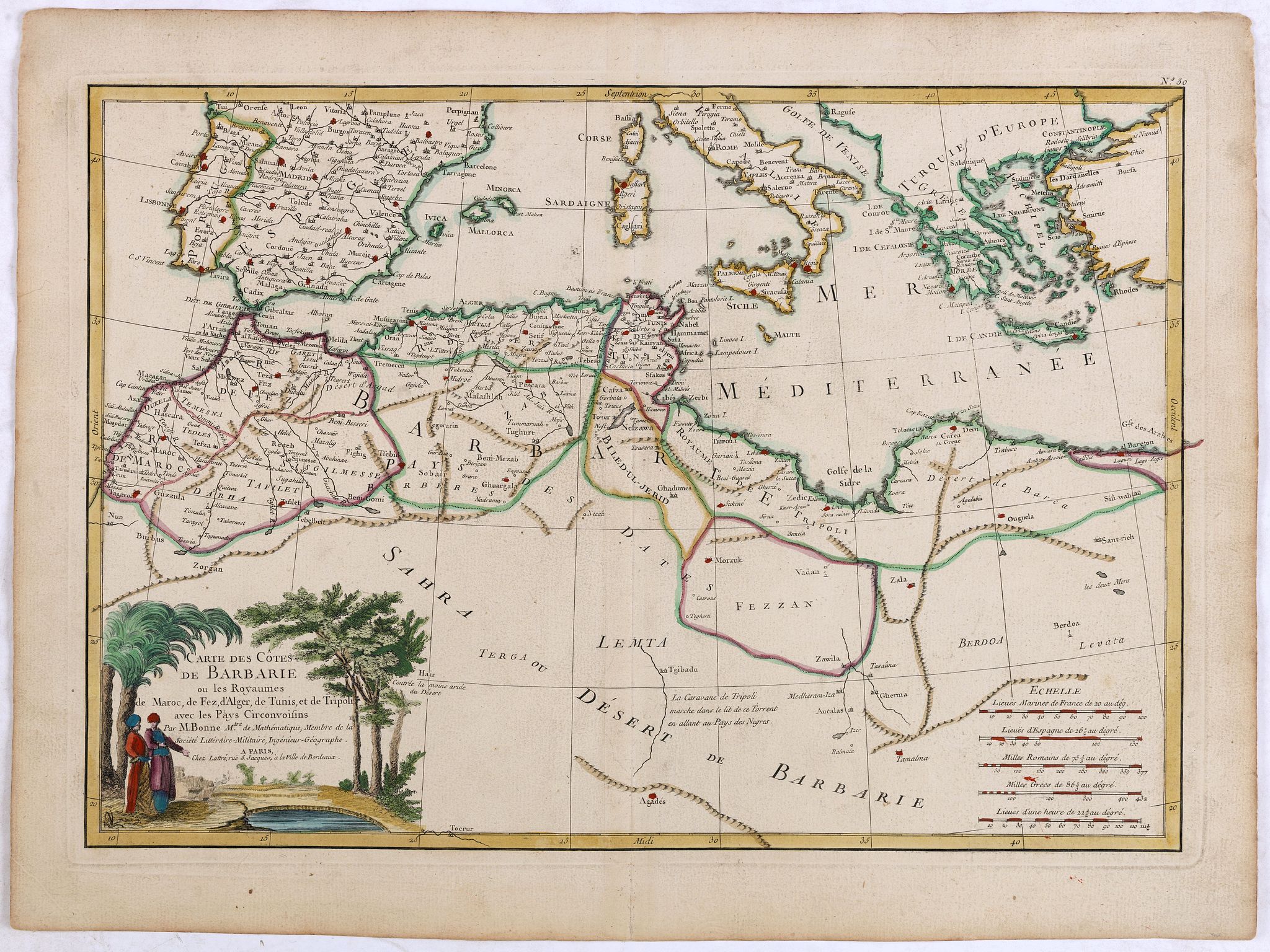 LATTRE, BONNE, R., Carte des Côtes de Barbarie ou les Royaumes de Maroc.. Circonvoisins…, antique map, old maps