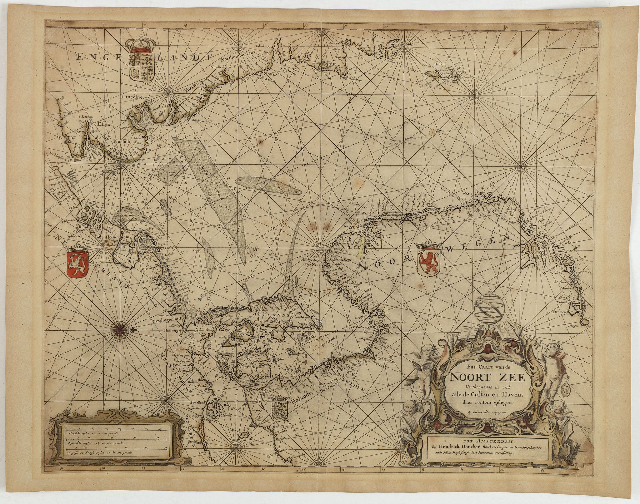 DONCKER, H., Pas Caart van de Noort Zee Verthoonende in zich alle de Custen en Havens daer rontom gelegen., antique map, old maps