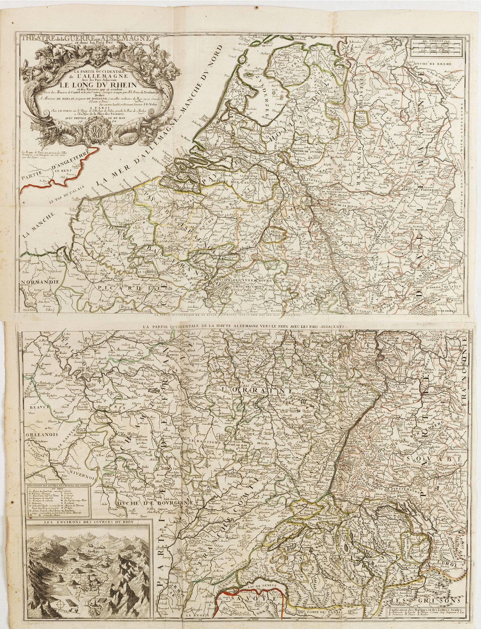 NOLIN, J.B., La Partie occidentale de l\'Allemagne Avec les Pays Adjacents le long du Rhein et des Rivieres qui s\'y rendent Tirée des Memoires de Cantel et plus.rs autres Corrigée et augm. Par M. le Prieur du Neufmarché. . ., antique map, old maps