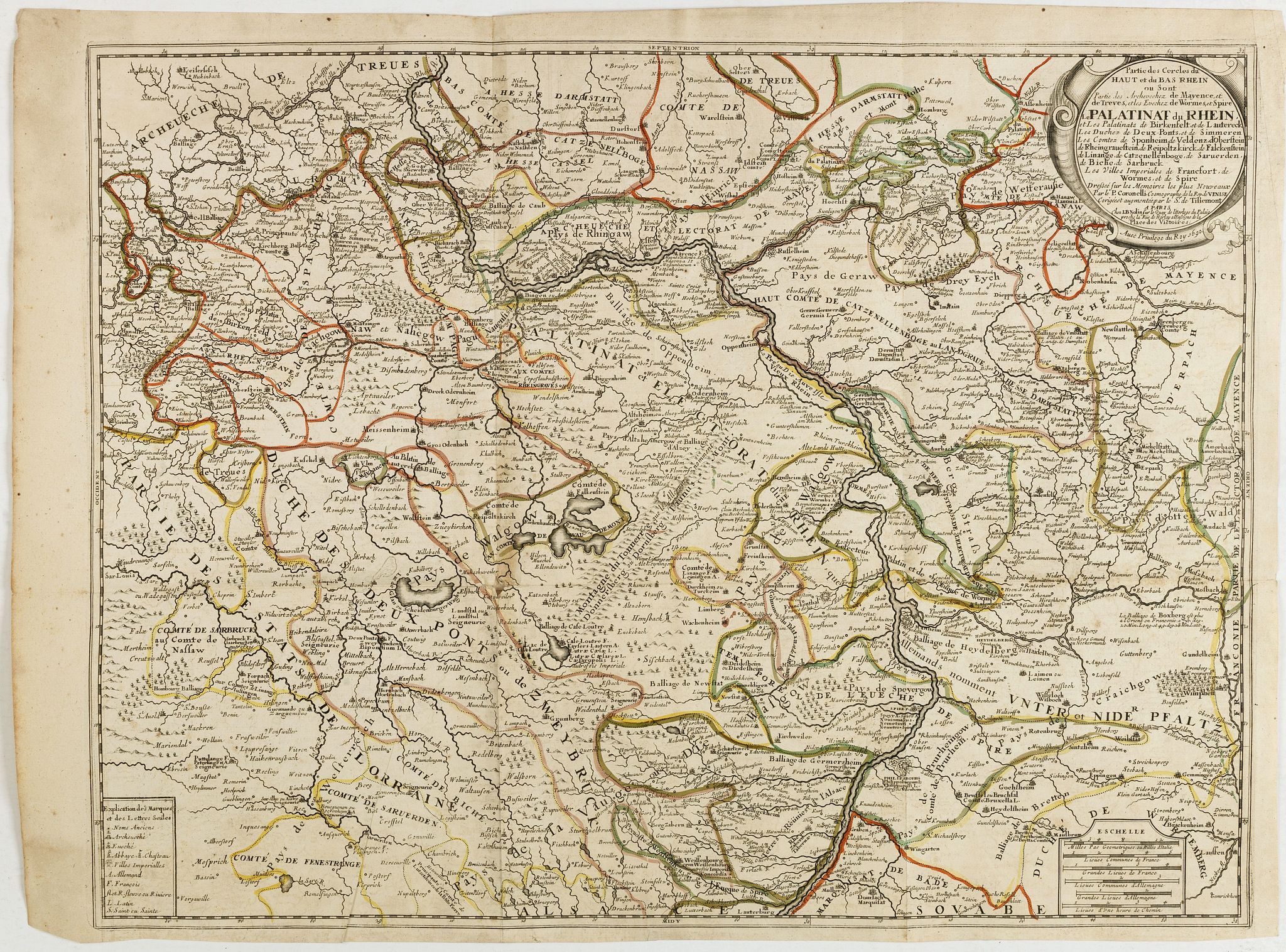 NOLIN, J. B./ CORONELLI, P., Partie des cercles du Haut et Bas Rhein ou sont partie des archevechez de Mayence et de Treves, et les evechez de Wormes et Spire, le Palatinat du Rhein, et les Palatinats de Birkenfelt et de Lautereck. . ., antique map, old maps
