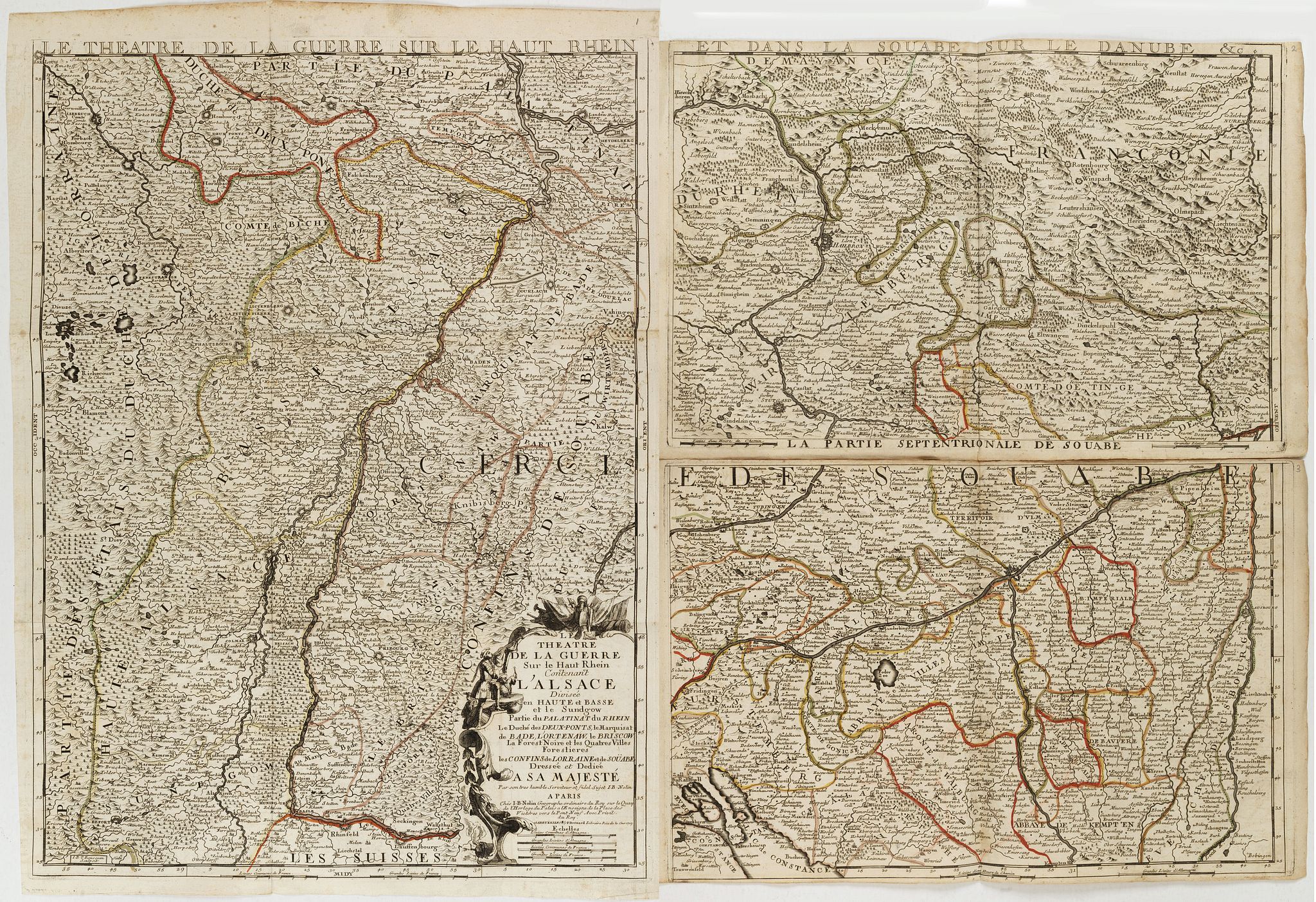 NOLIN, J.B., Le Theatre de la Guerre sur le Haut Rhein Contenant l'Alsace. . . (Three sheet wall map), antique map, old maps