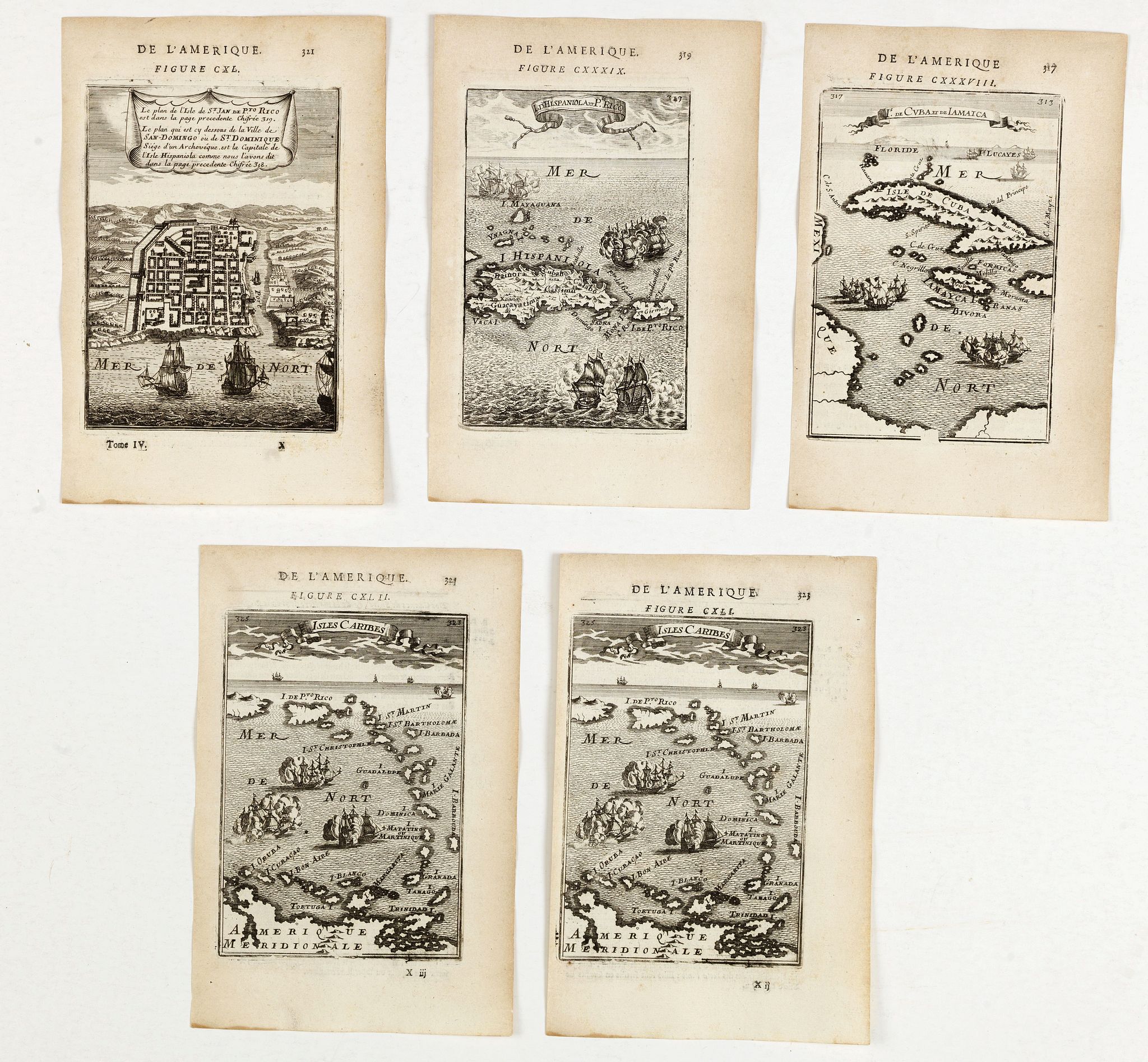 MALLET, A.M., (Five engravings of Caribbean interest from Description de l\'Univers), antique map, old maps