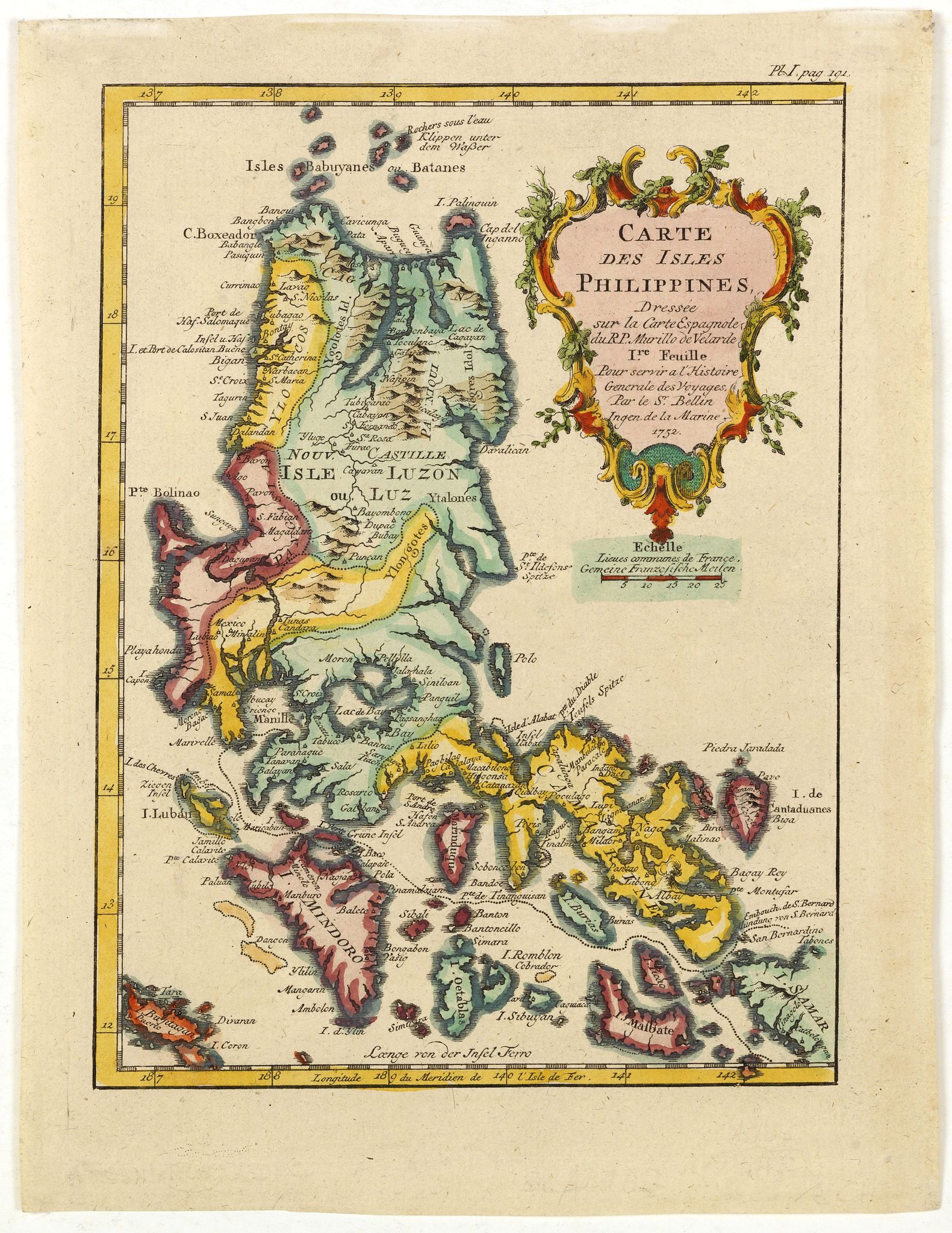 BELLIN, J.N., Carte des isles Philippines, dressée sur la carte espagnole du R.P. Murillo de Velarde. Ire feuille. . ., antique map, old maps