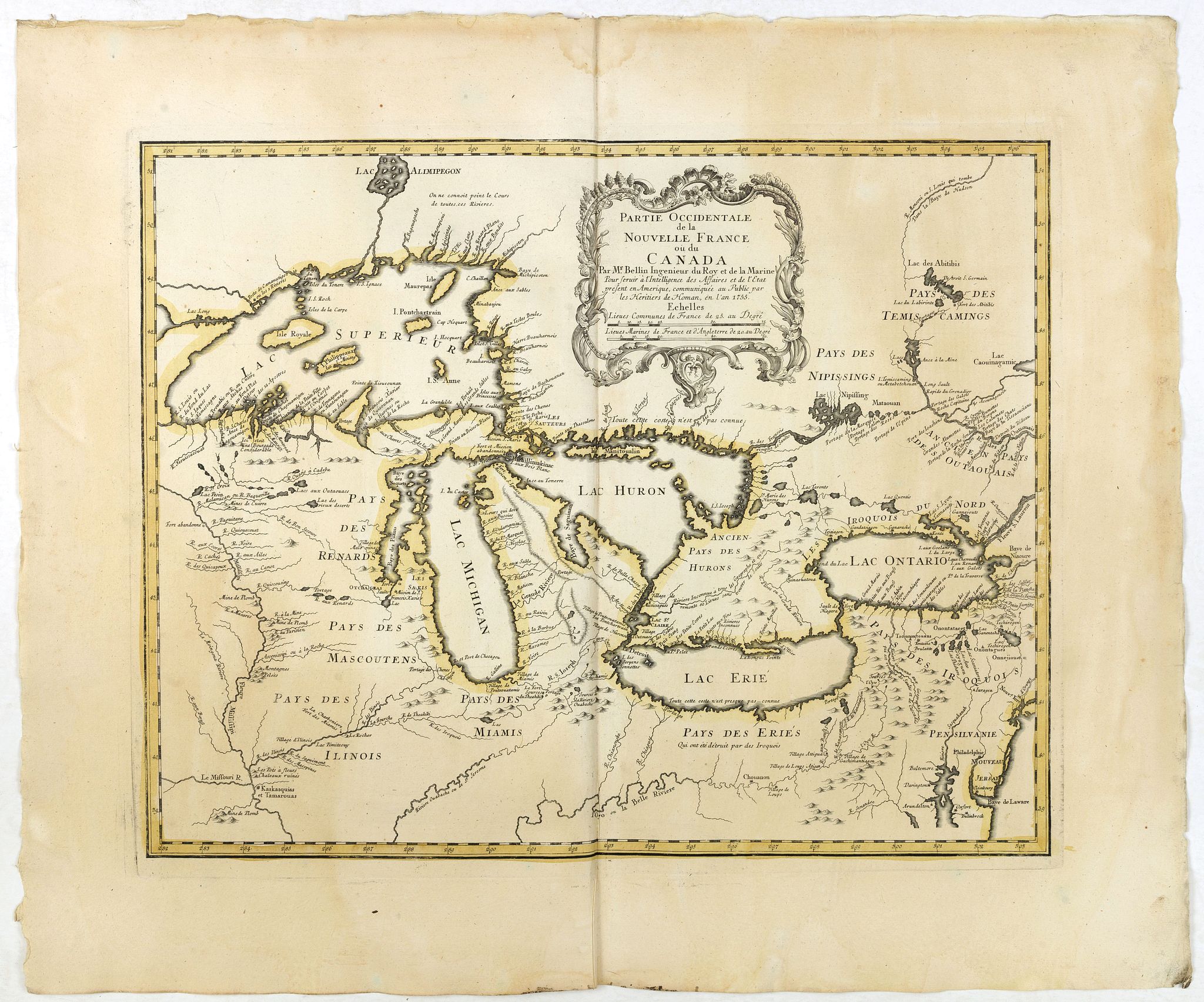 HOMANN HEIRS / BELLIN, J.N., Partie Occidentale de la Nouvelle France ou des Canada., antique map, old maps