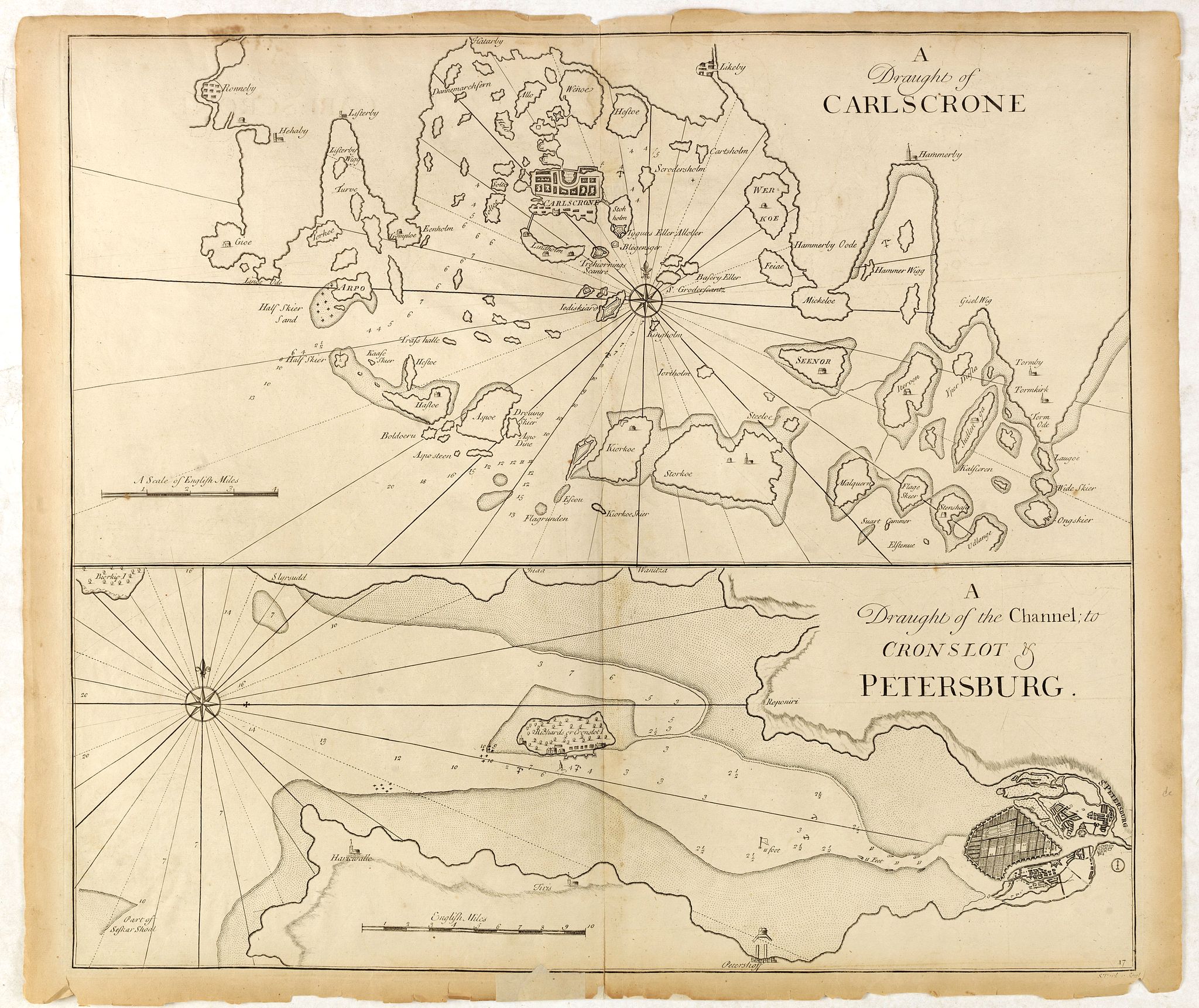 CUTLER, N. / HALLEY, E., A Draught of Carlscone. A Draught of the Channel to Cronslot & Petersburg., antique map, old maps