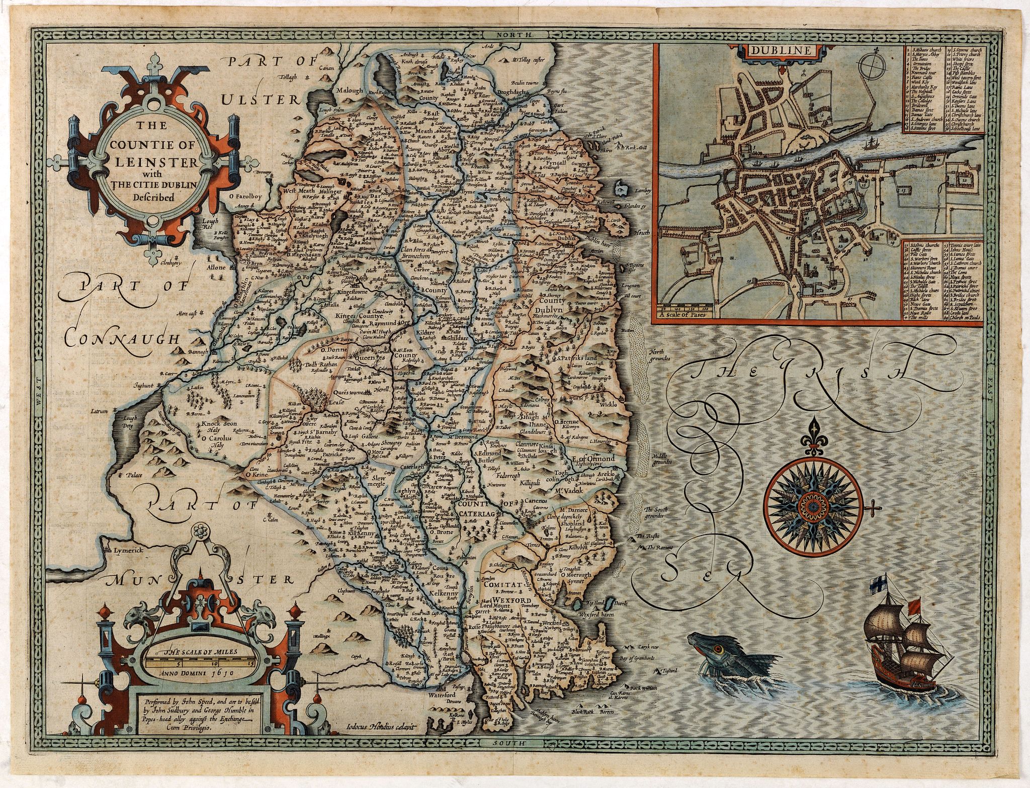 SPEED, J., The countie of Leinster with the Citie Dublin Described., antique map, old maps