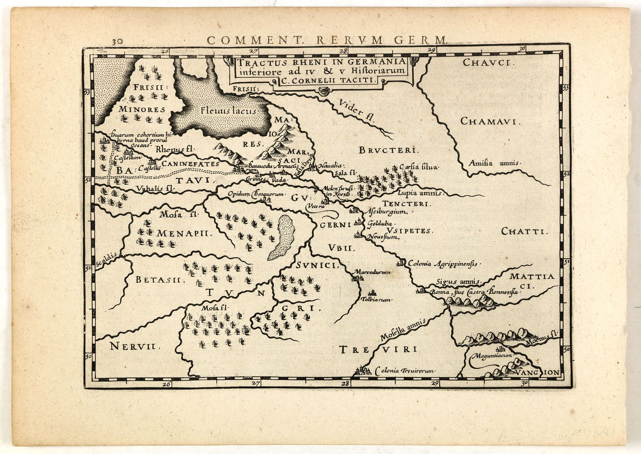 BERTIUS, P., Tractus Rheni in Germania inferiore ad 4 e 5 Historiarum C. Cornelii Taciti., antique map, old maps