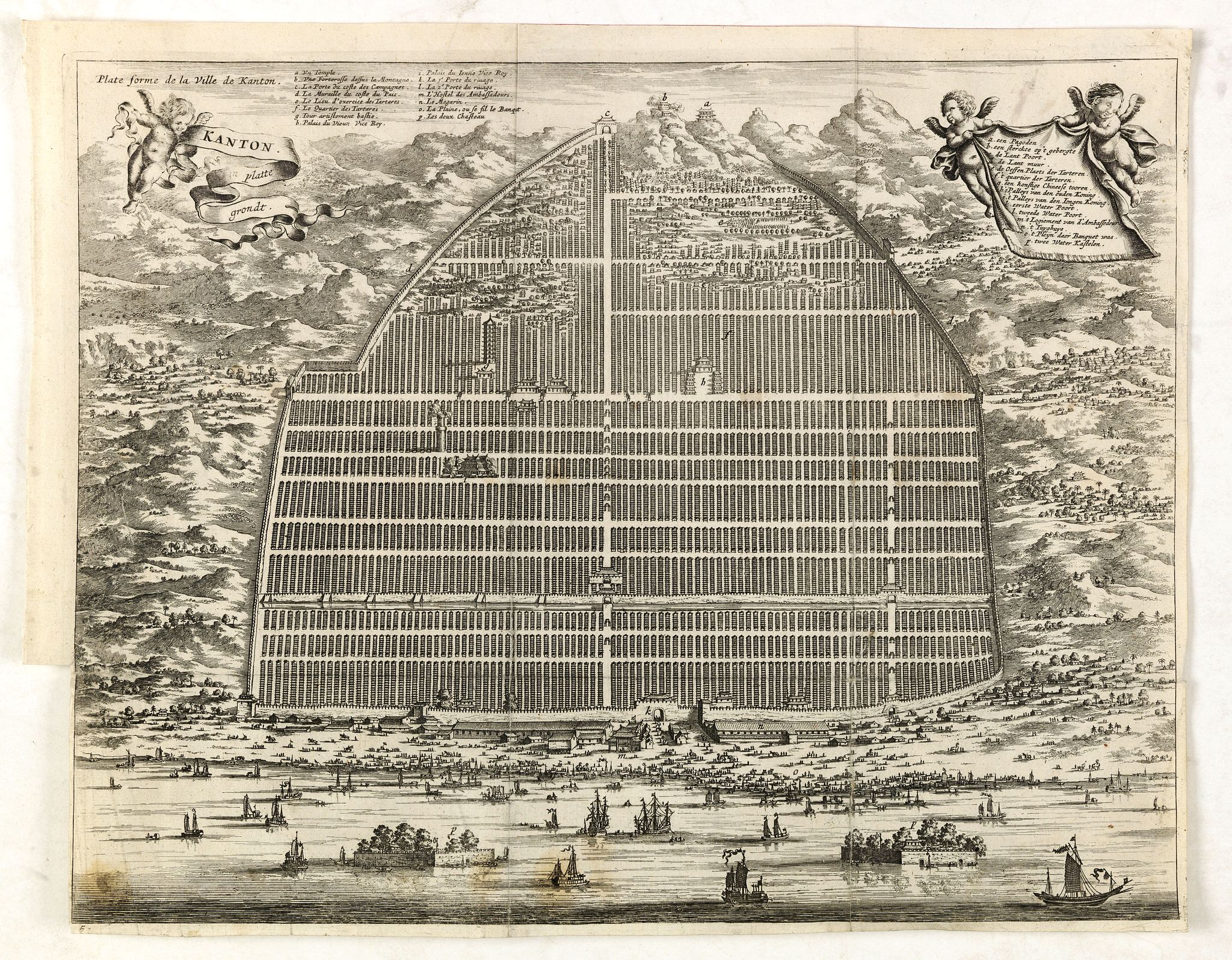 MEURS, J., Kanton in platte grondt / Plate forme de la ville de Kanton., antique map, old maps