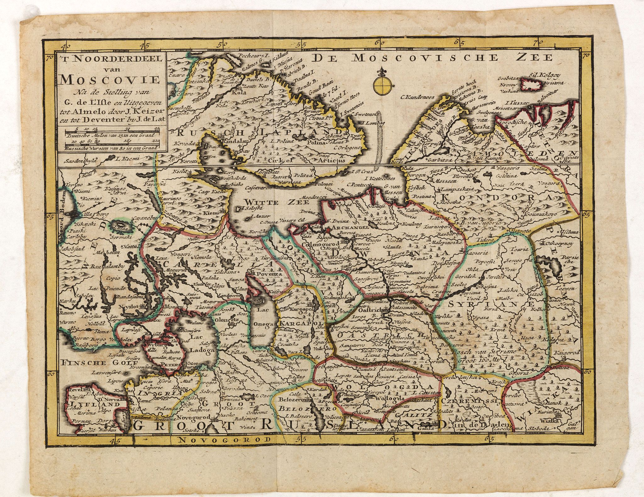 KEIZER, J. / DE LAT, J., 'T Noorderdeel van Moscovie Na de stelling van G. de L'Isle. . ., antique map, old maps