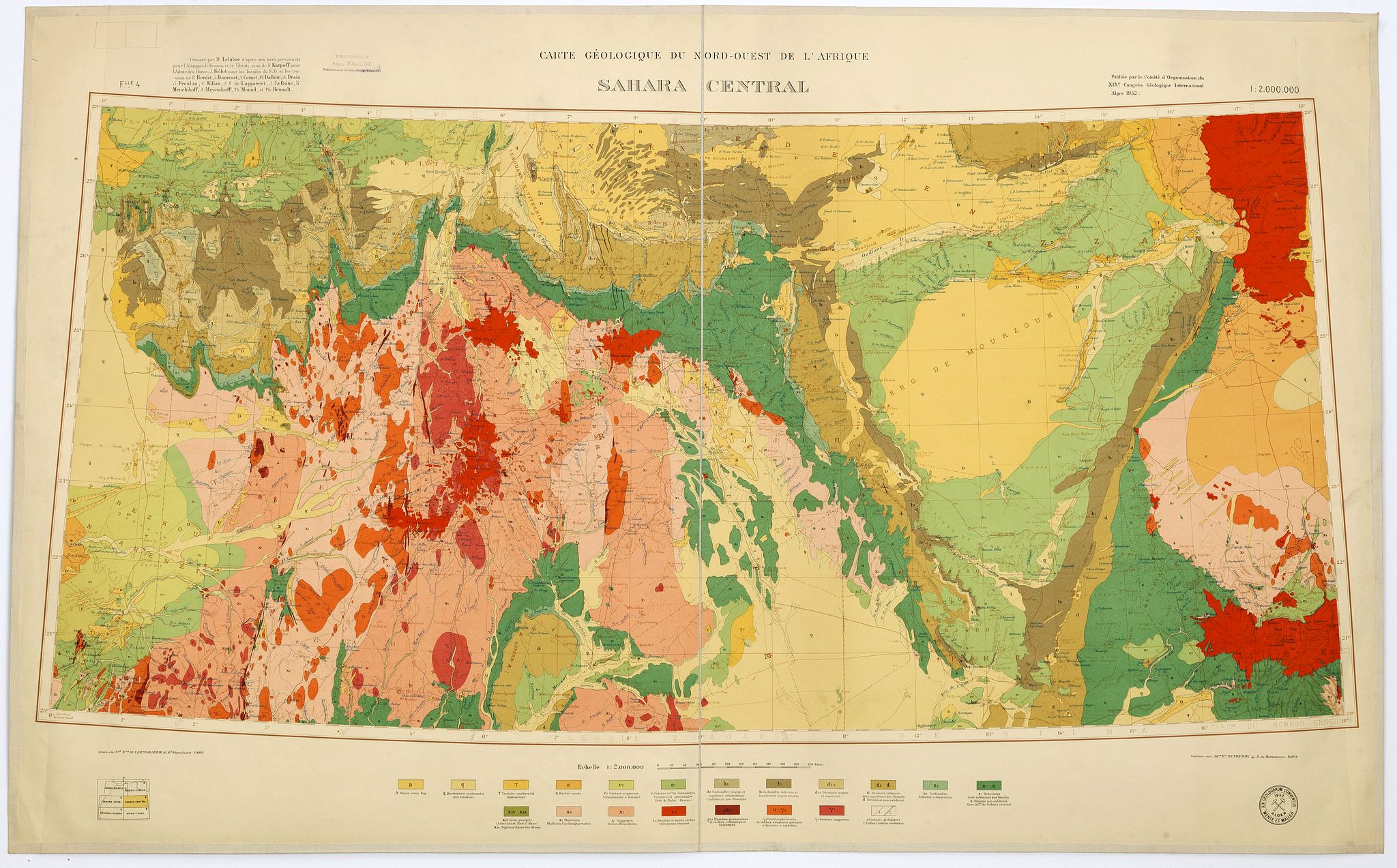 XIXe Congrès Géologique International Alger., Carte géologique du Nord-Ouest del'Afrique SAHARA CENTRAL., antique map, old maps