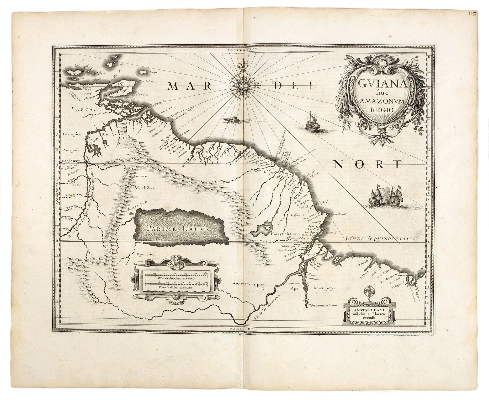 BLAEU, W., Guiana sive Amazonum Regio., antique map, old maps