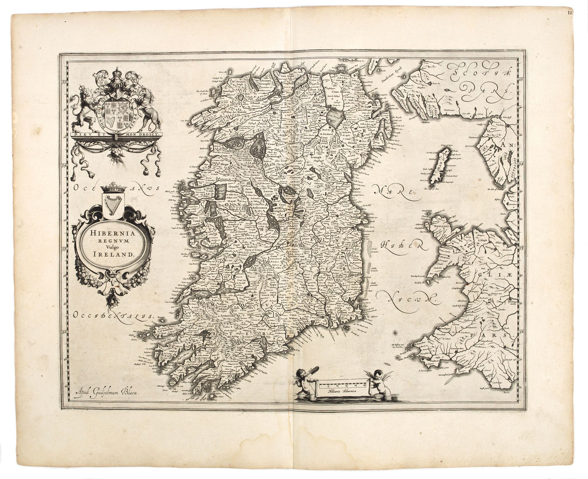 BLAEU, W., Hibernia regnum vulgo Ireland., antique map, old maps