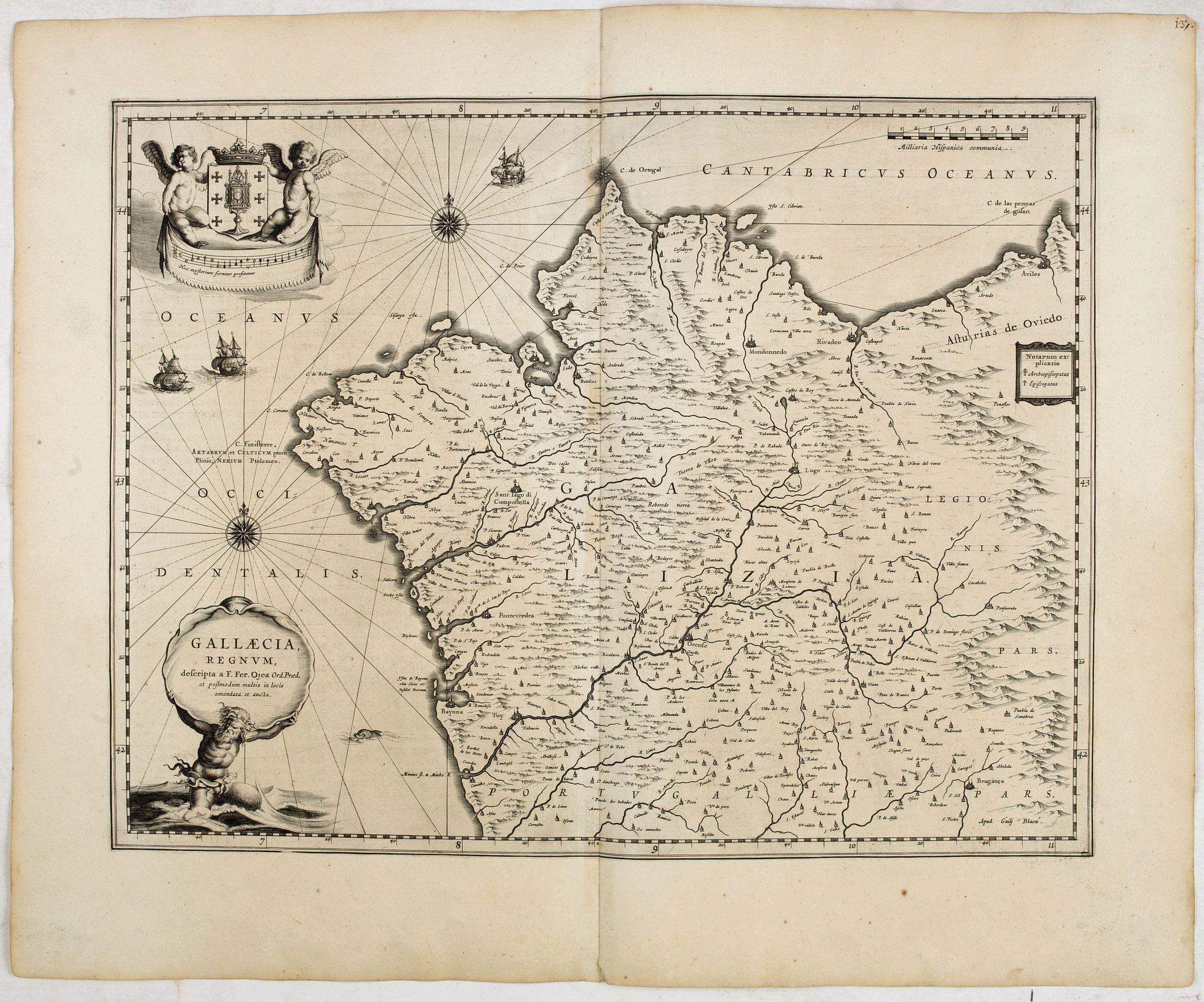 BLAEU, W., Gallaecia Regnum / descripta a F. Fer. Ojea Ord. praed. et postmodum multis in locis emandata et aucta., antique map, old maps