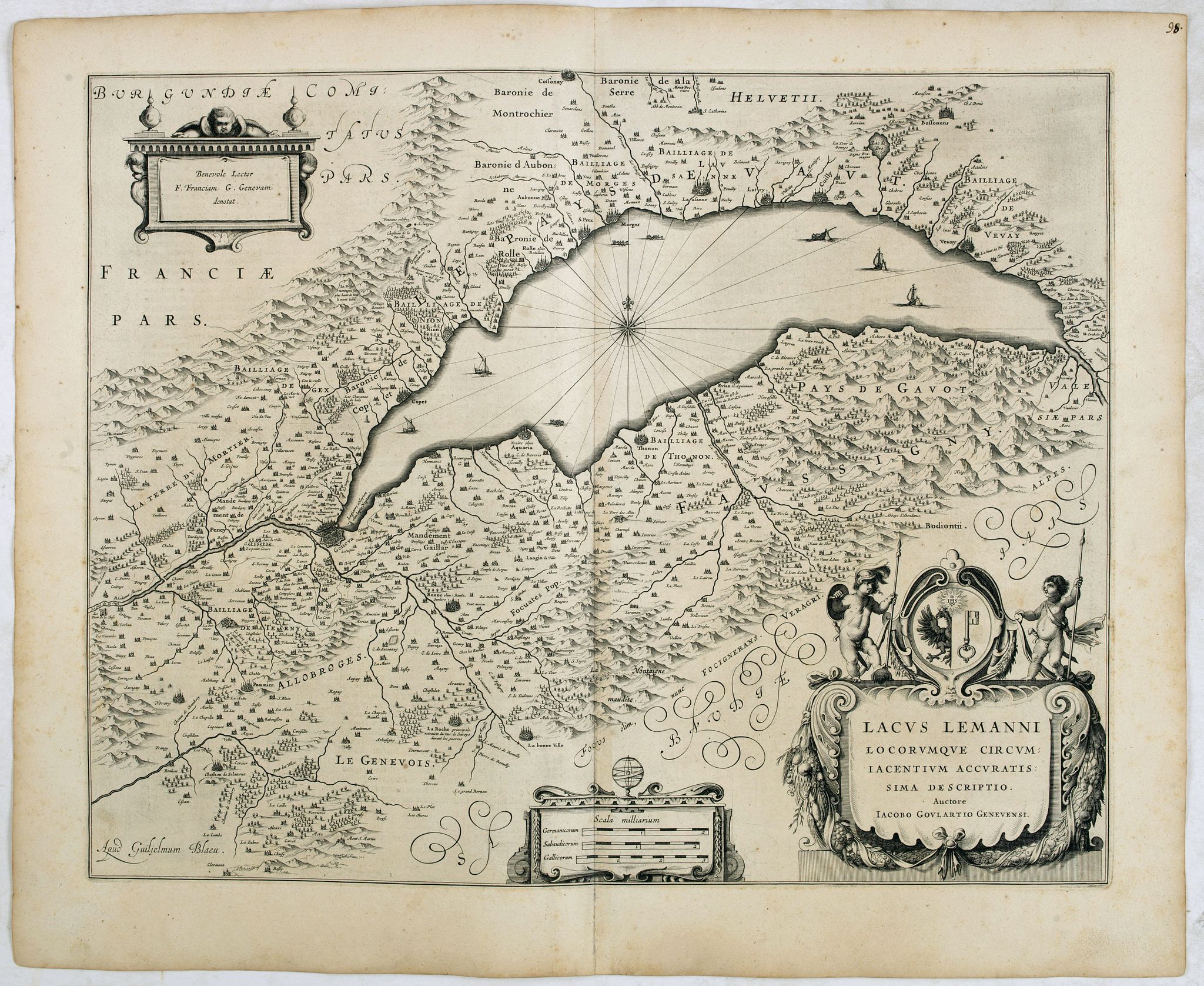 BLAEU, W., Lacus Lemanni Locorumque circumiacentium Accuratissima descriptio., antique map, old maps