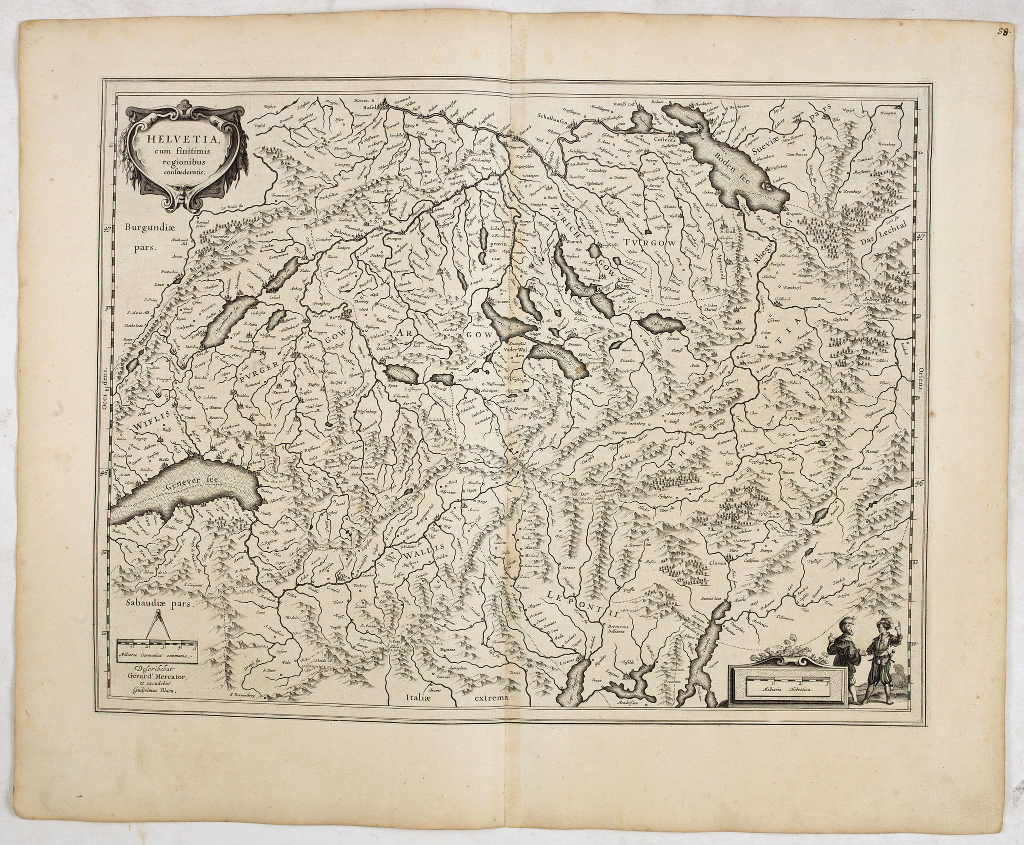 BLAEU, W., Helvetia cum finitimis regionibus confoederatis., antique map, old maps