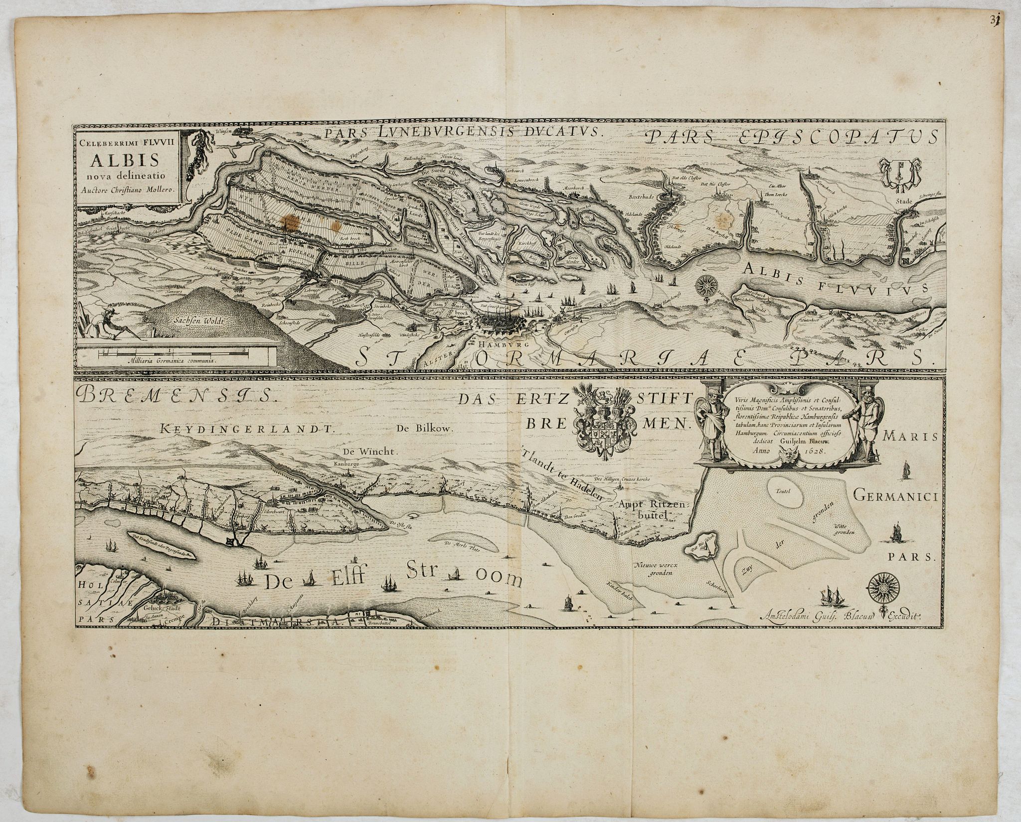 BLAEU, W., Celeberrimi Fluvis Albis nova delineatio., antique map, old maps