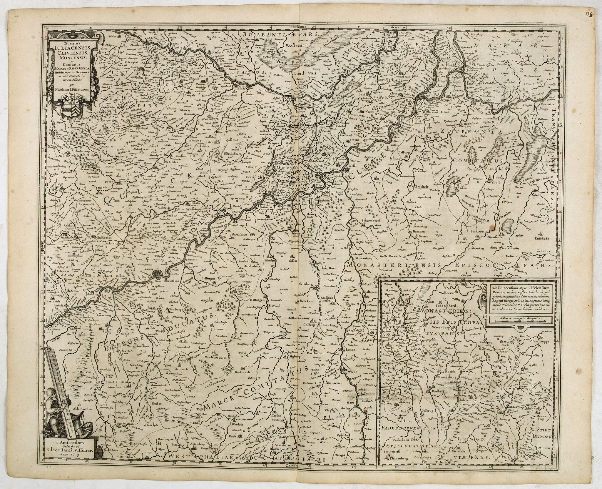 VISSCHER, C. Jsz. / BLAEU, W., Ducatus Iuliacensis, Cliviensis, Montensis. et Comitatus Marciae et Rapens-Bergae finitimaeque eis Regiones de novo accurate in lucem editae. per Nicolaum I. Piscatorem. t'Amsterdam Gedruckt bij Claes Ianß. Visscher. Anno 1633.': ., antique map, old maps