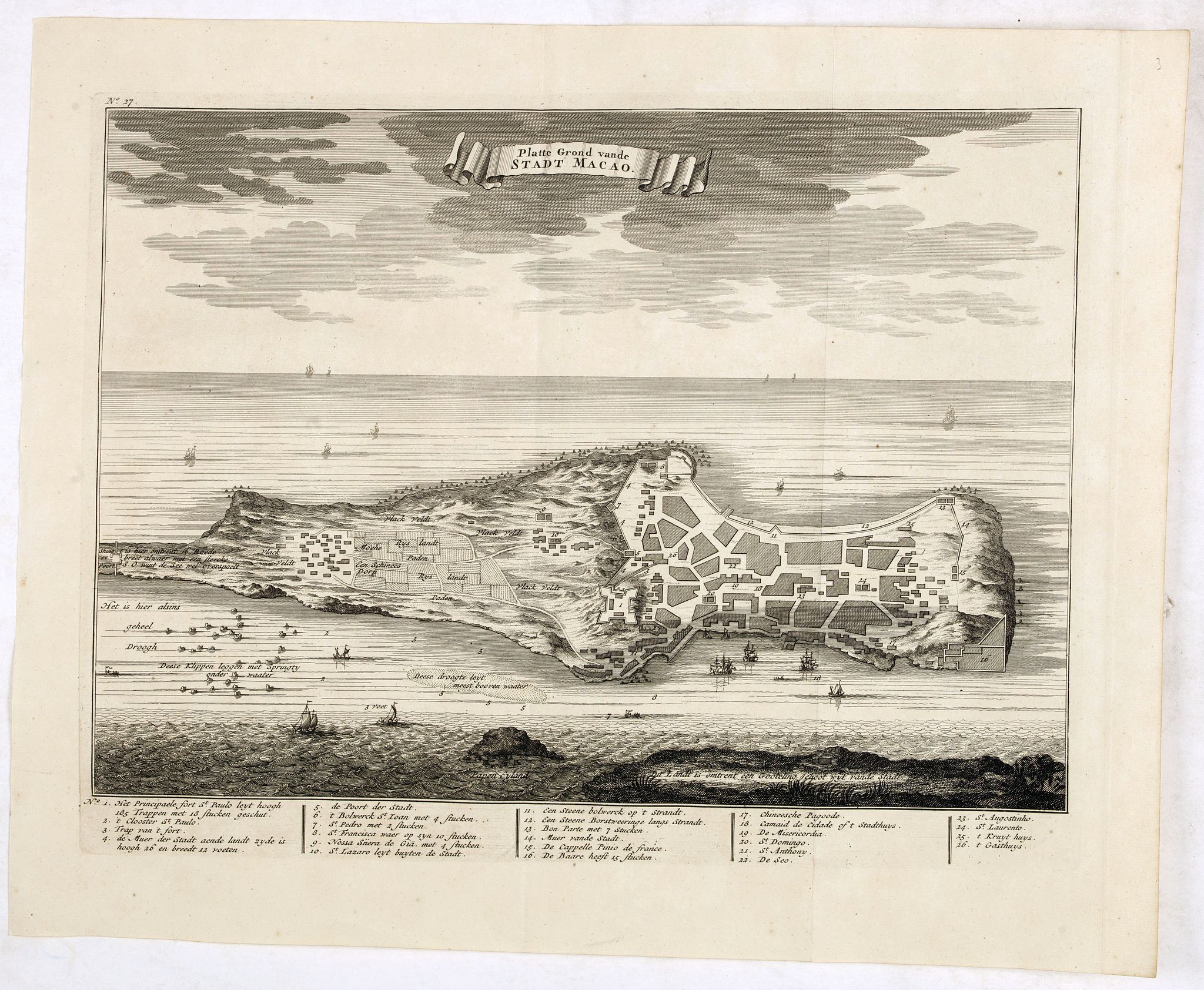 VALENTIJN, F., Platte Grond vande Stadt Macao., antique map, old maps