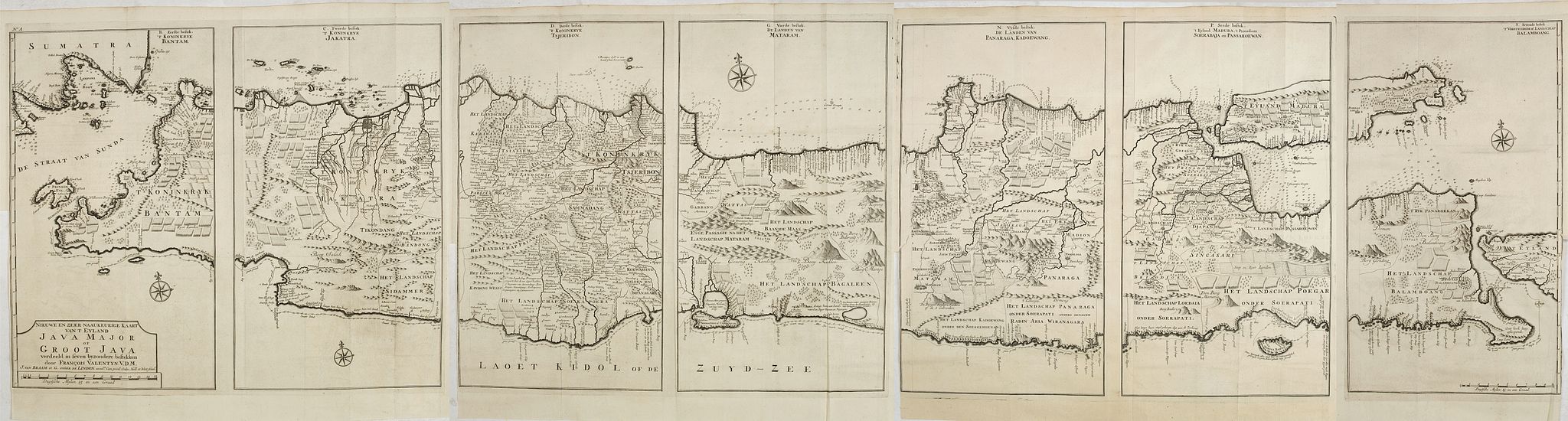 VALENTIJN, F., (Seven parts on Four sheets) Nieuwe en zeer naaukeurige kaart van t eyland Java Major of Groot Java : verdeeld in seven byzondere bestekken. . ., antique map, old maps