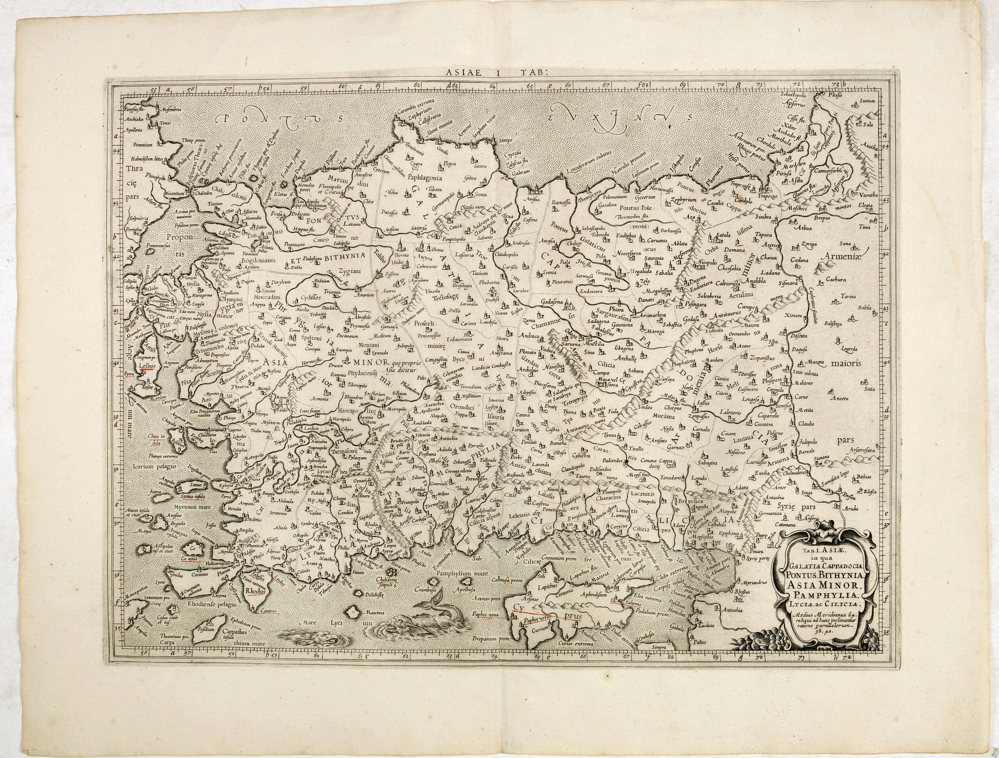 MERCATOR, G., Tab. I. Asiae, in qua Galatia, Cappadocia, Pontus, Bithynia, Asia Minor, Pamphylia, Lycia, ac Cilicia… (With Cyprus), antique map, old maps