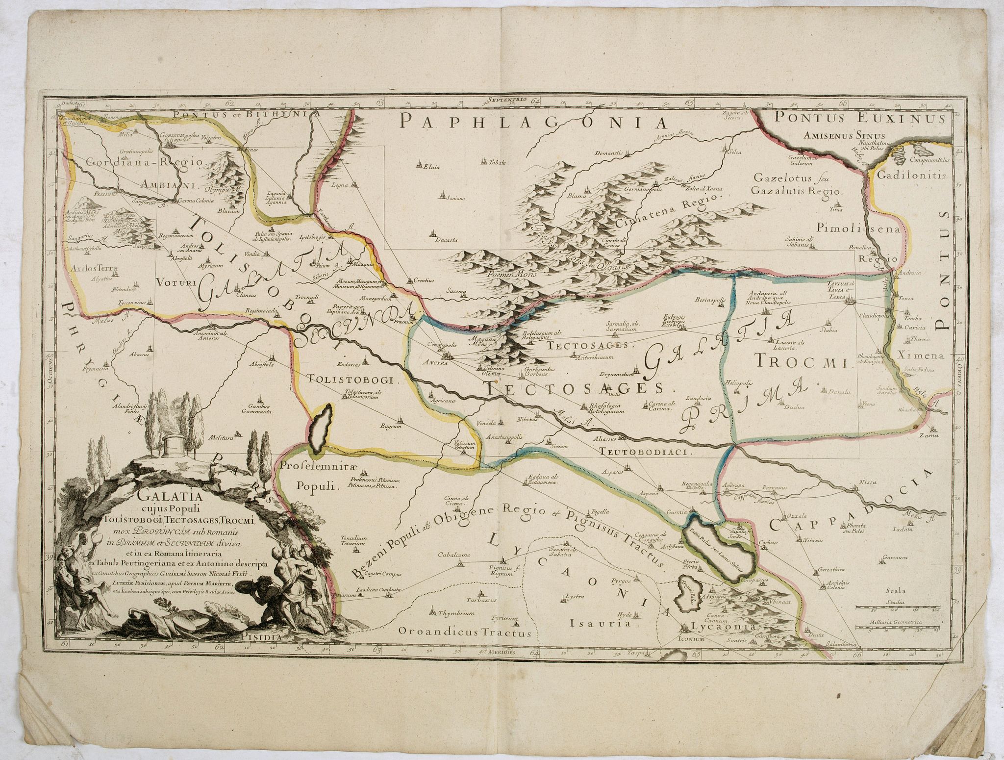 SANSON, N. / MARIETTE, P., Galatia cujus populi Tolistobogi, Tectosages, Trocmi, mox provincia sub romanis in primam et secundam divisa et in ea romana itineraria ex tabula Peutingeriana. . ., antique map, old maps