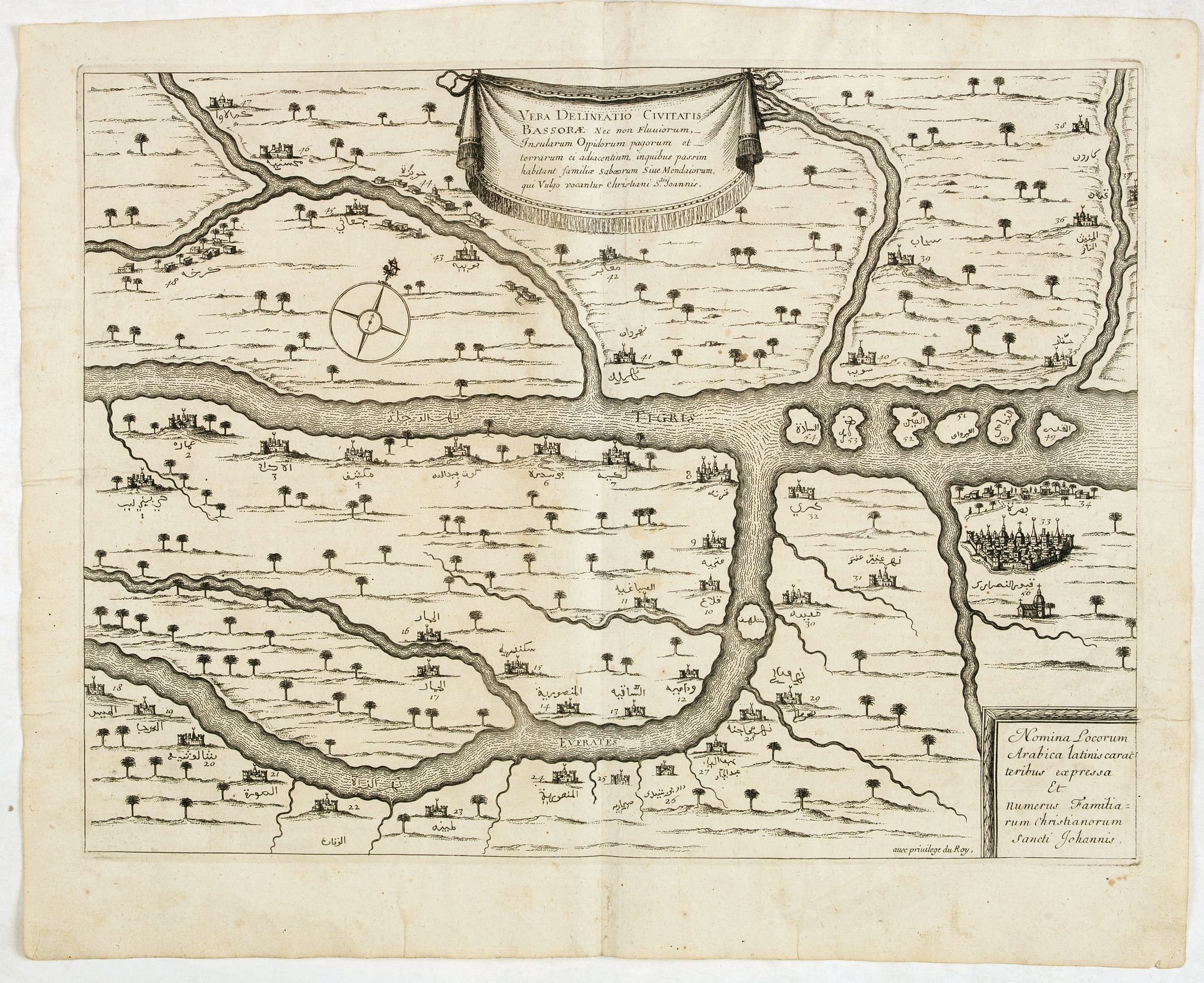 THEVENOT, M., Vera delineatio civitatis Bassorĉ : Nec non Fluviorum, Insularum Oppidorum pagorum et terrarum ei adiacentium, inquibus passim habitant familiĉ sabaorum Siue Mendaiorum, qui vulgo vocantur christiani sti. Joannis., antique map, old maps