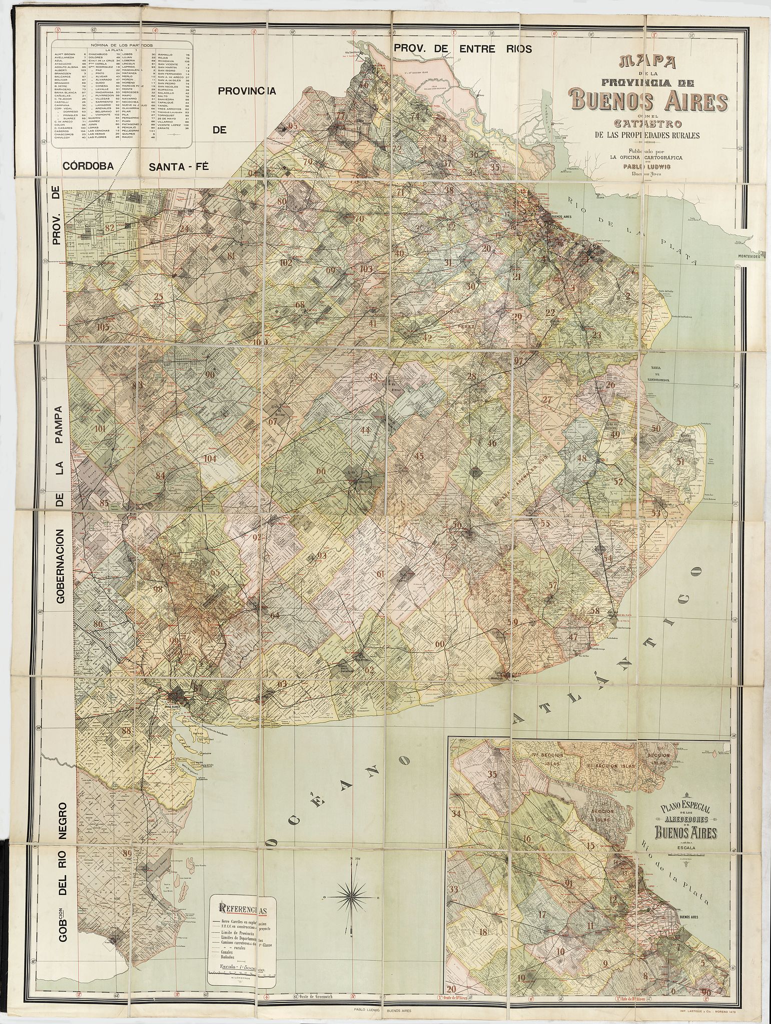 LUDWIG, P., Mapa de la provincia de Buenos Aires con el catastro de las las propiedades rurales. Publicado por la oficina cartografica Pablo Ludwig Buenos Aires., antique map, old maps